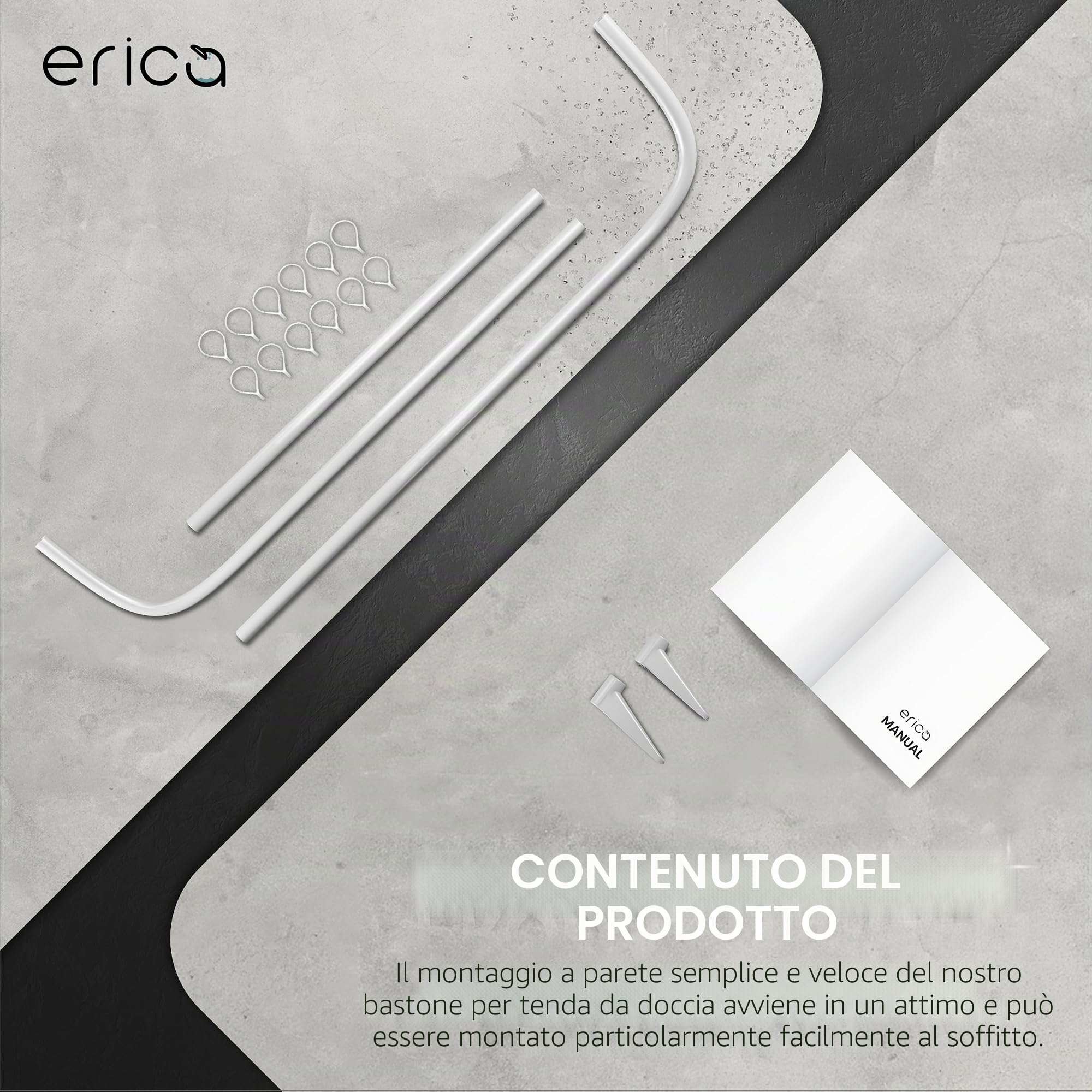 Erica Asta Tenda Doccia 85x95x85 cm, Tubo Tenda Doccia a Muro Senza Fissaggio Soffitto – Rivestimento in Plastica Senza PVC, Bastone per Tenda Doccia 100% Acciaio Inox. Bianco.