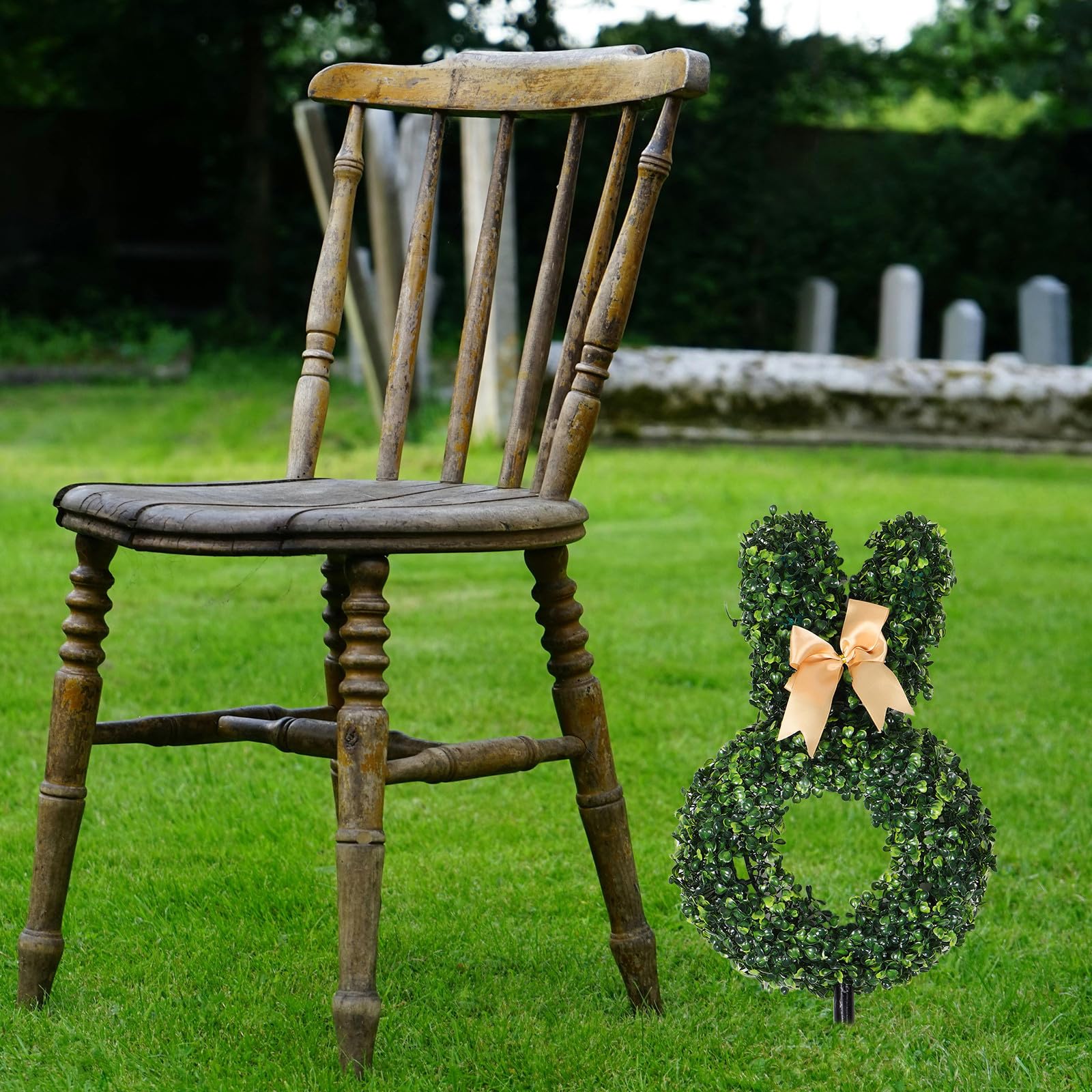 BESTonZON Künstlicher Hasen Topiary mit Stab, Grün, Kunststoff, Osterdeko