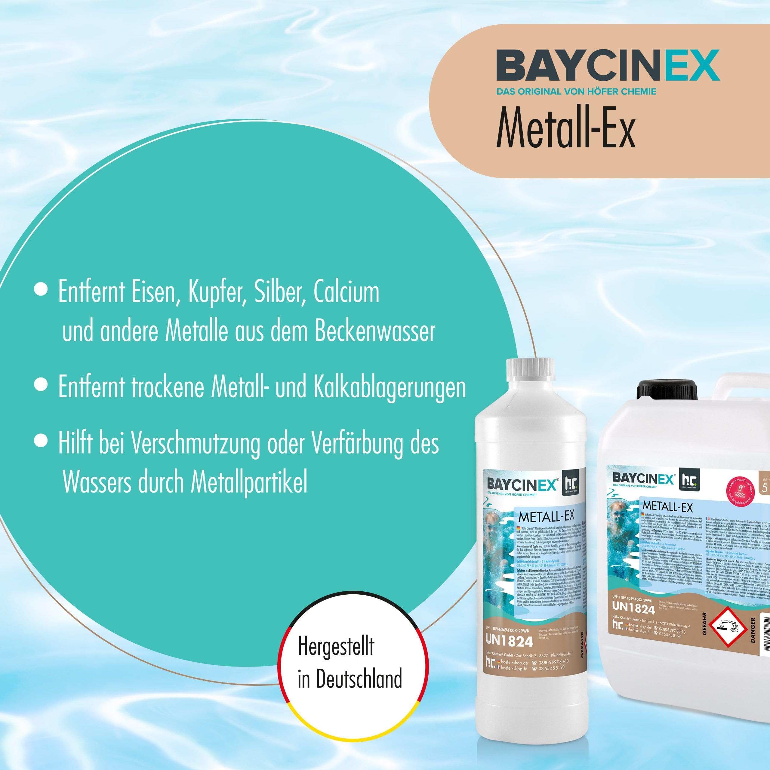 Höfer Chemie 3 x 1 L Metall-Ex für Pool - entfernt Metall - und Kalkablagerungen und senkt die Gesamthärte - für kristallklares Wasser