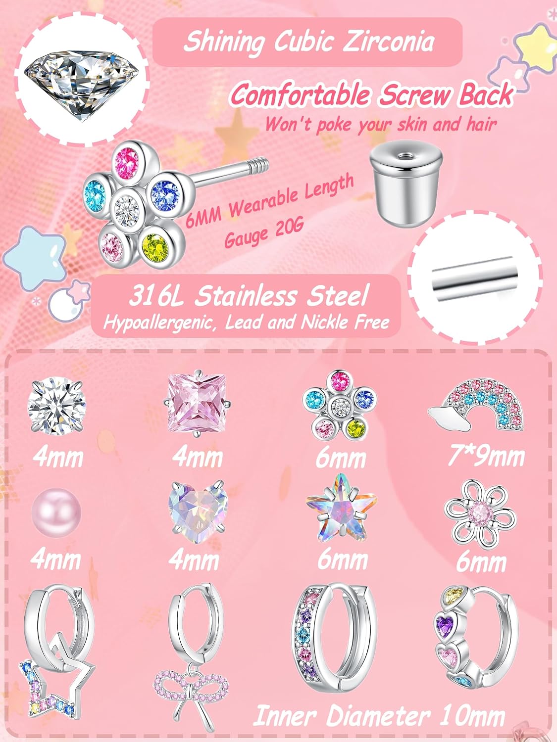 Hypoallergenic Screw Back Earrings for Women Girls Kids Surgical Steel Earrings for Sensitive Ears Cute Heart CZ Flower Butterfly Toddler Girl Earrings Screwback Studs Hoops