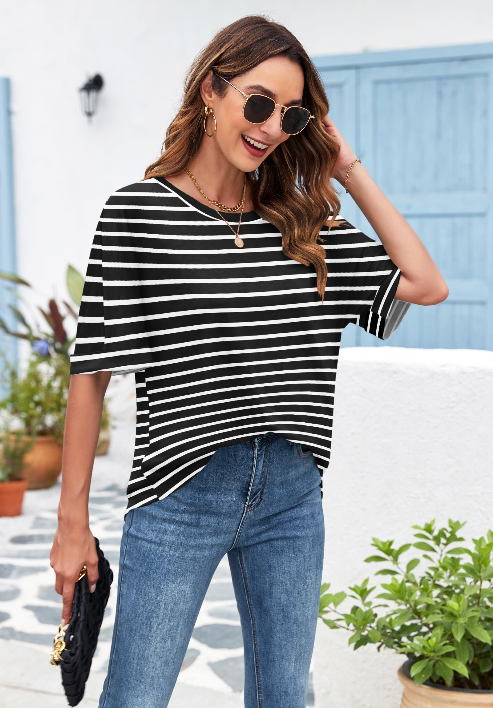 WNEEDU Camisetas Manga Corta Mujer Verano Blusas Cuello Redondo