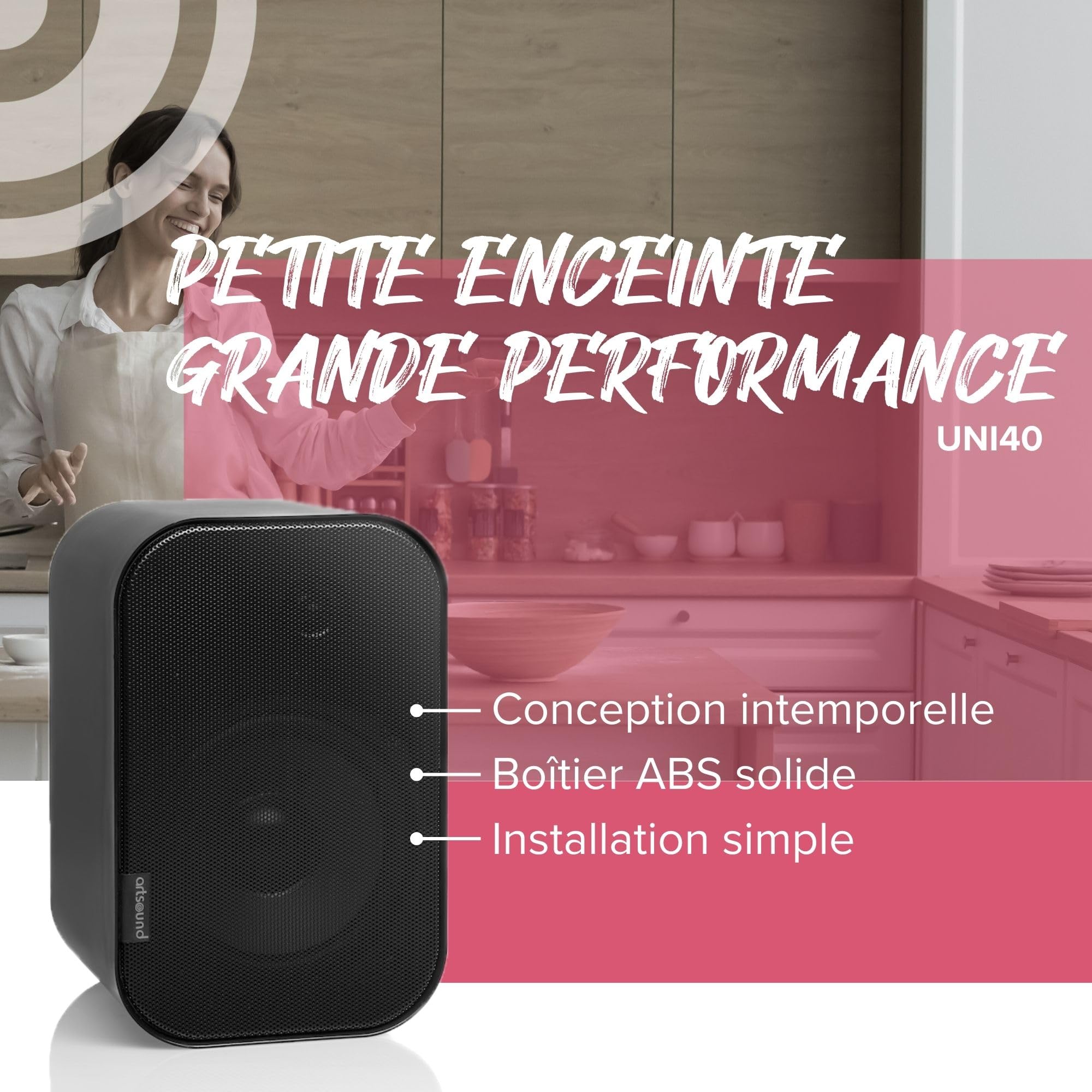 Artsound UNI40, Ensemble de 2 Enceintes passives, Enceinte HiFi 2 Voies, 20-100 Watts, Support Mural avec Articulation à rotule, Convient pour Les Grands espaces tels Que Cuisine, café, Magasin,