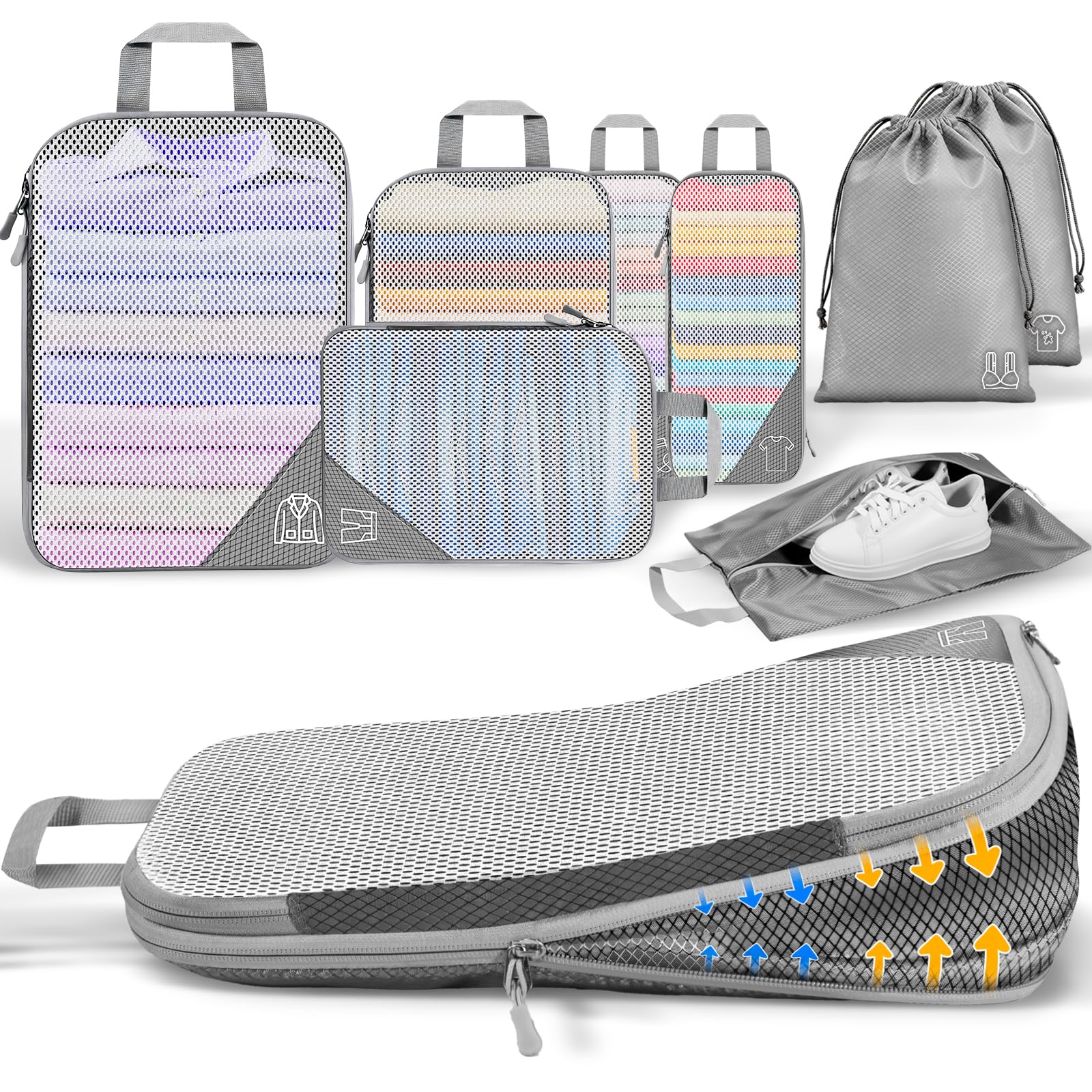 8-Teiliges Compression Packing Cubes Set: Leichter Koffer Organizer Kompressions Packwürfel Packtaschen für mehr Platz - Für Backpack, Camping Zubehör, Rucksack & Wander Ausrüstung Organizer Grau