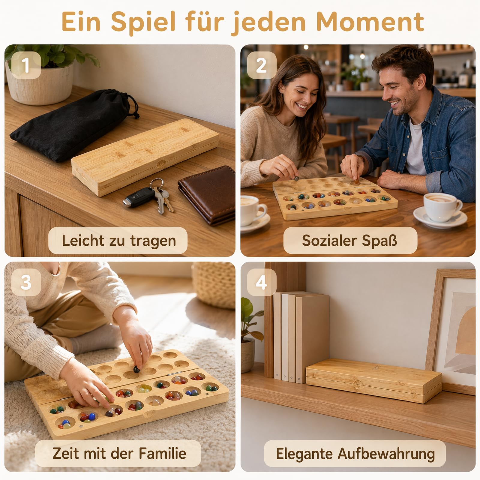 Scettar Steinchenspiel, Kalaha, Edelsteinspiel aus hochwertigem Holzbrett – faltbar, mit Beutel und 65 bunten Steinen, trainiert Strategie und Logik, Geschenk für Erwachsene und Familien