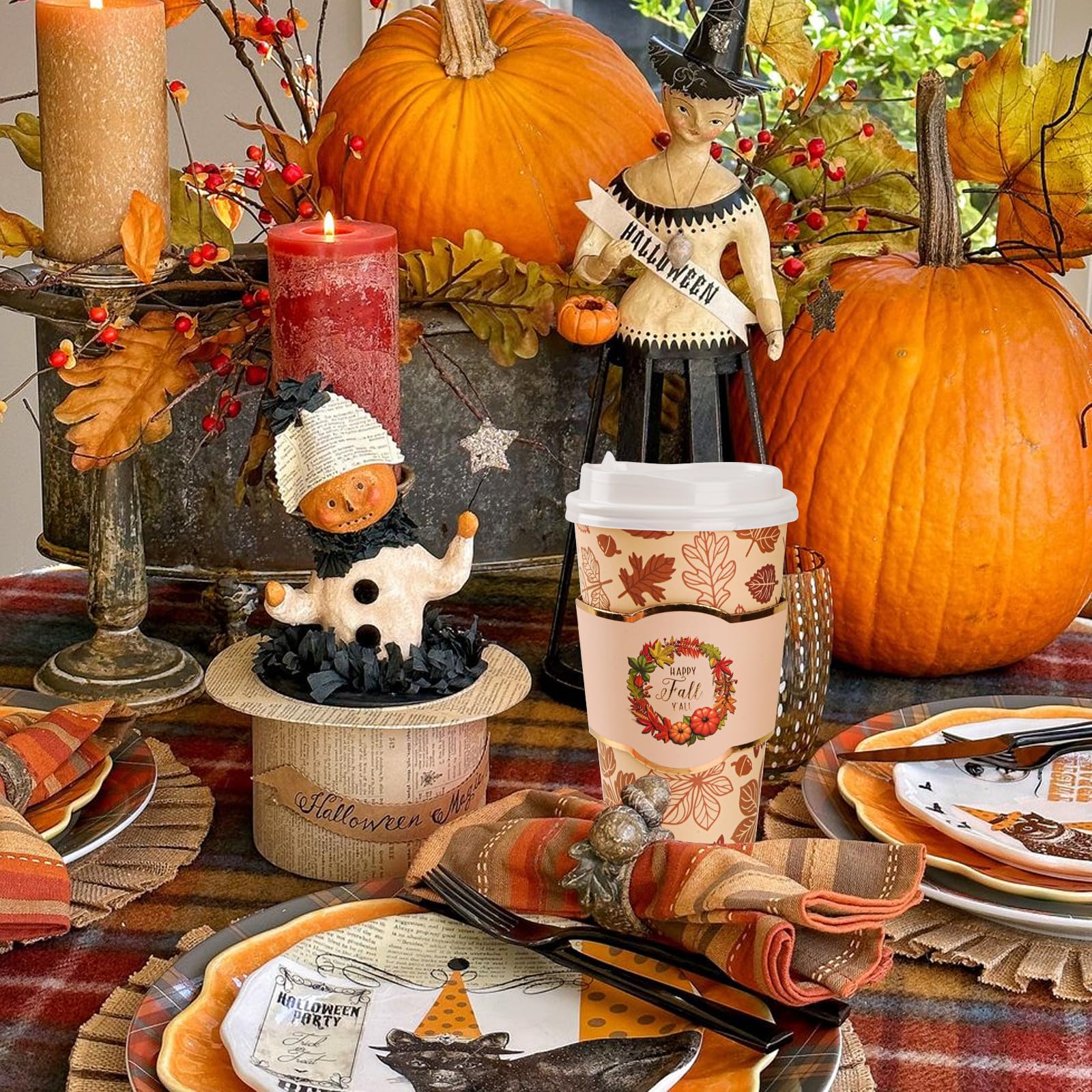 Juego de 72 tazas de café desechables de otoño con tapas y mangas, calabaza, hoja de arce, tazas de papel para beber para llevar, para cosecha de otoño, fiesta de Acción de Gracias, cafetería, bar,