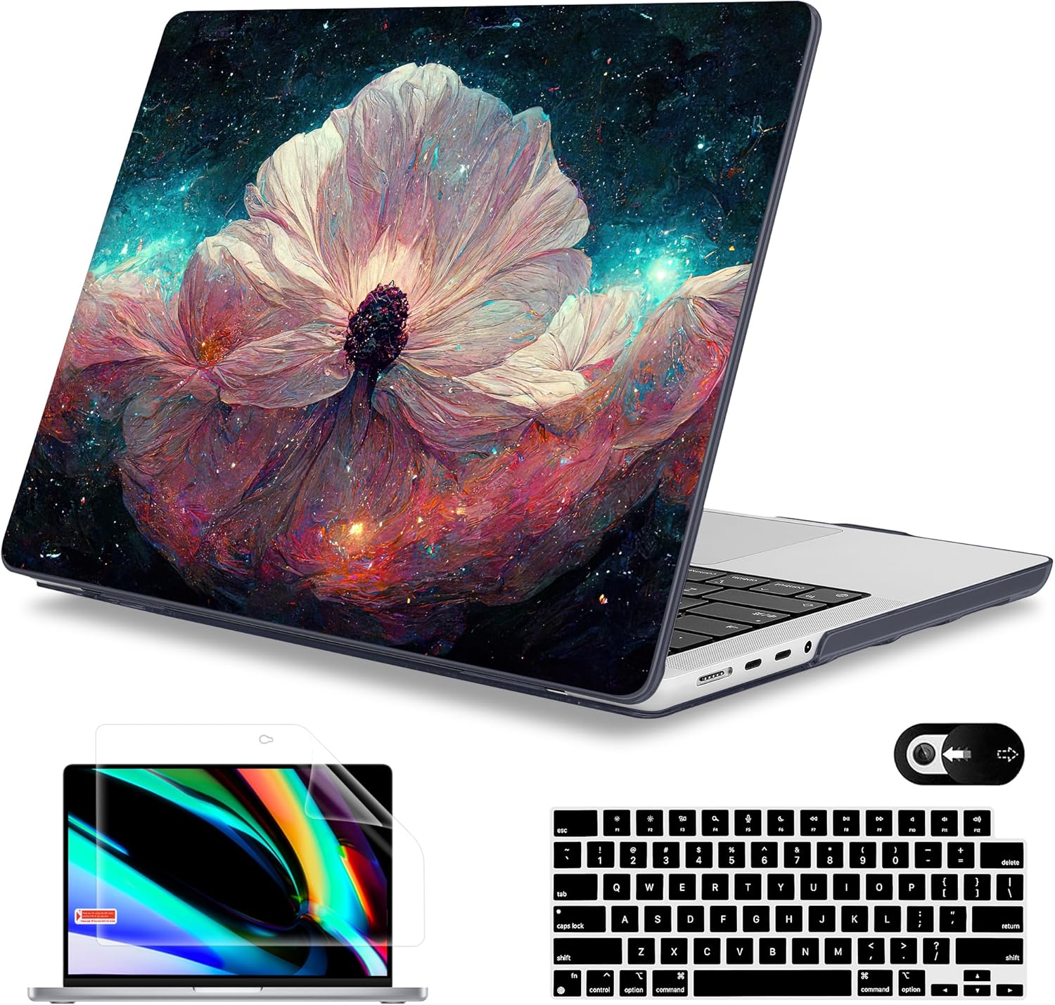 mektron case for macbook pro 16" m4 a3403 a3186 m3 a2991 m2 a2780 m1 a2485 (2021/2023/2024) pro/max with touch id, hard shell plastic laptop cover keyboard cover screen protector, galaxy flower