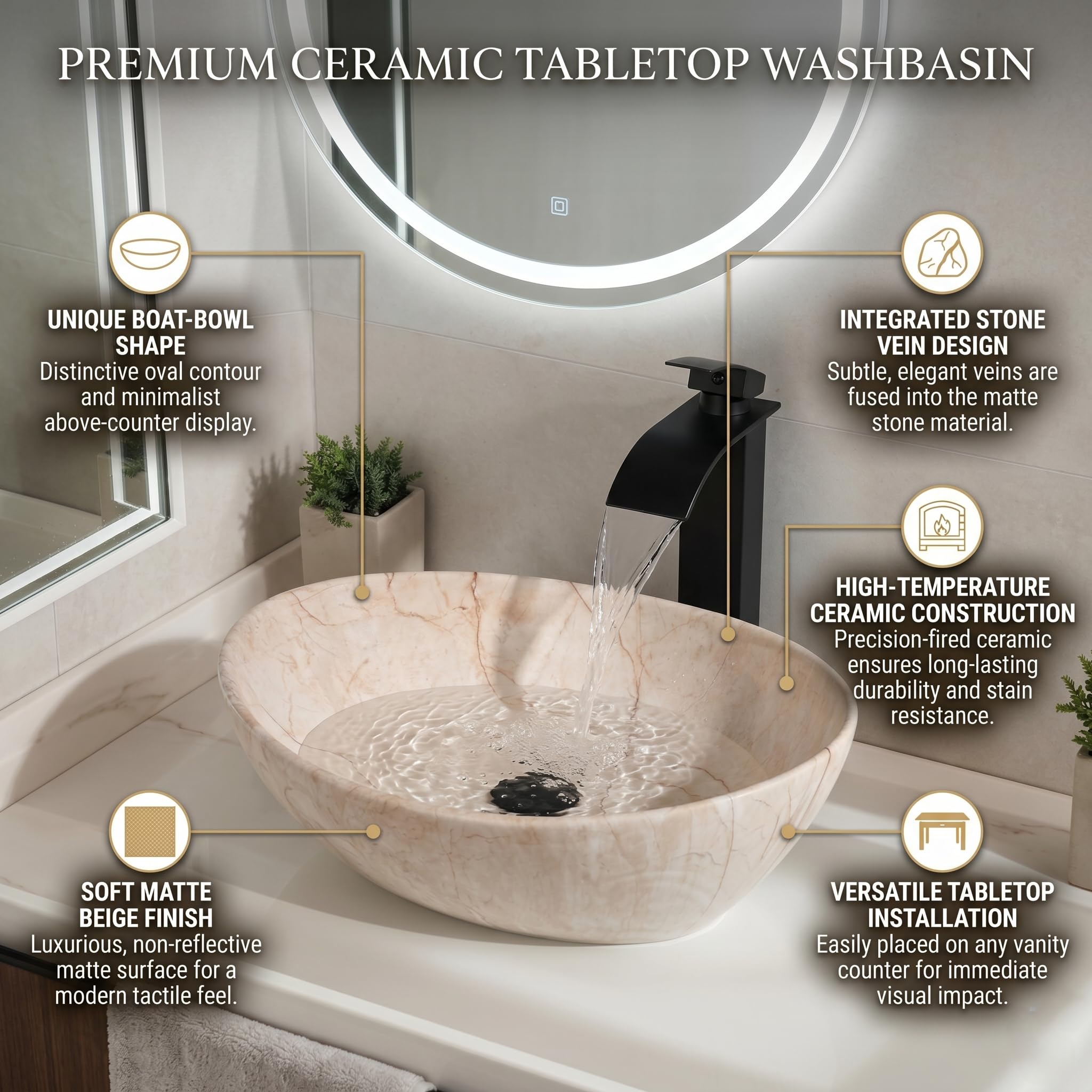 BASSINO 16x13x5.5 Inches Table Top Washbasin/1 Year Warranty/Ceramic Wash Basin for Bathroom/Boat-Cut Shape Counter Top Wash Basin for Dining Hall/Living Room/Tabletop Sink(Matt Ivory-Beige Marble) 3