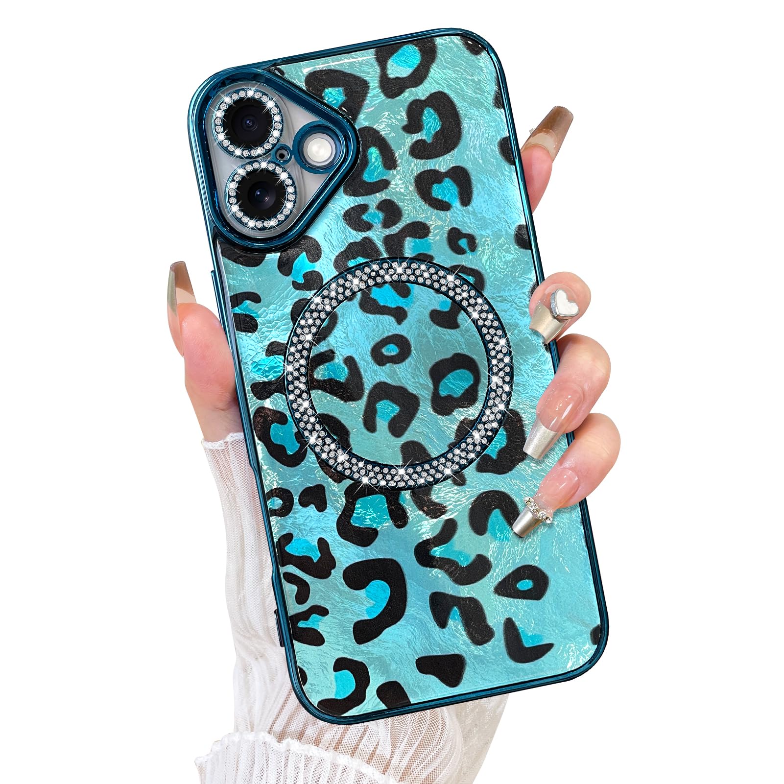 Fiyart Designed for iPhone 16 Plus Case,Compatible with MagSafe Plating Diamond Camera Protection Cheetah Leopard Print Glitter Magnetic for Women Men