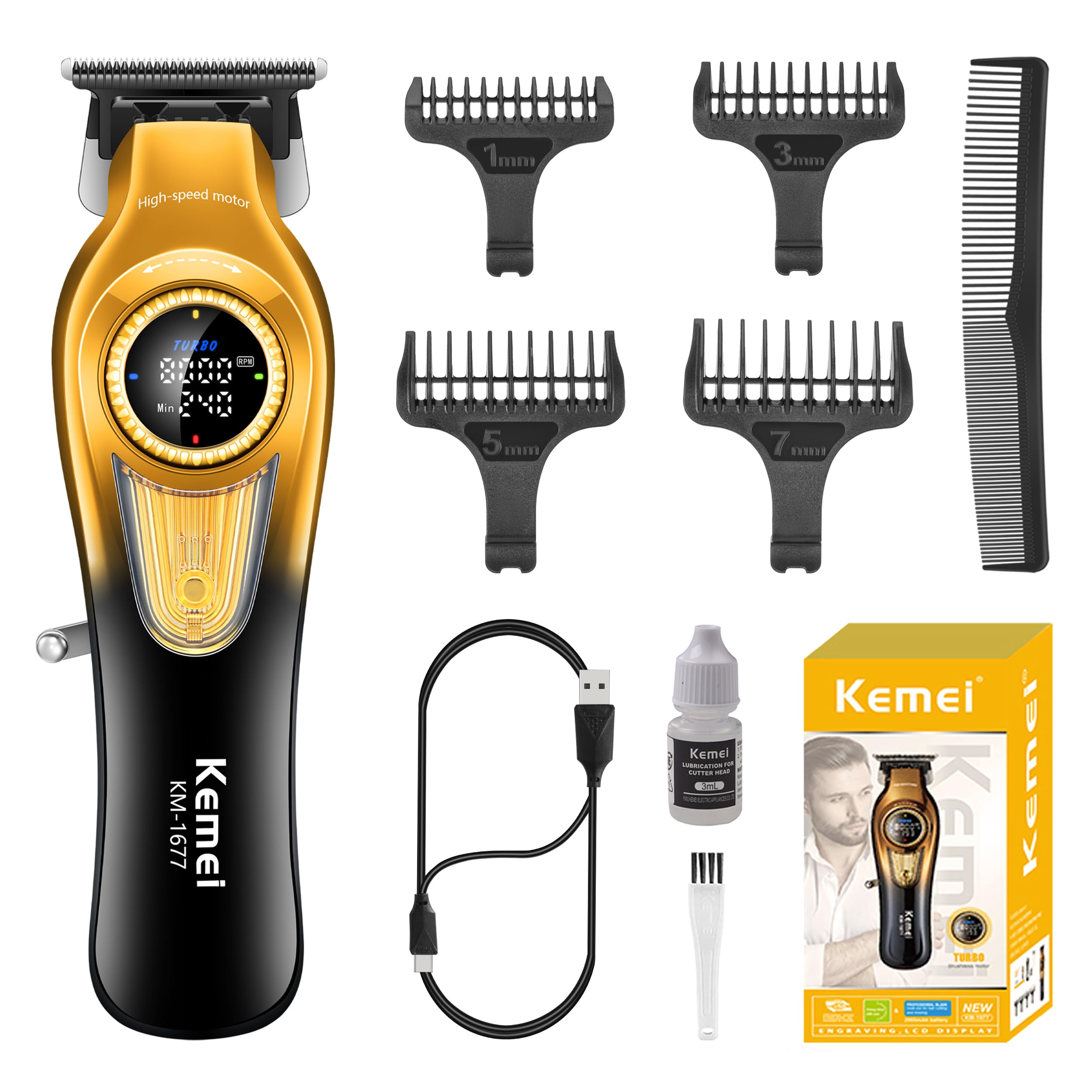 KEMEI 1677 Beard Trimmer for Men, Professional Hair Clippers, Cordless Barber Clipper with LED Display, DLC T-Blade Hair Trimmer, 8000 RPM Turbo