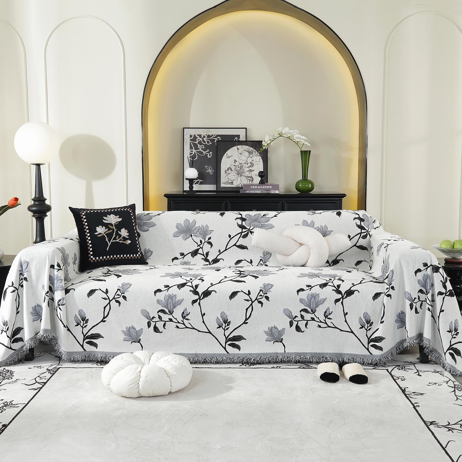 LiveGo Chenille AB Sided Sofa Cover for 3 Seater, Soft Non-Slip Slipcover with Tassel, All-Season Washable Couch Protector for Dogs, Decorative Futon & L Shaped Sofa Cover (Grey, 180×300 cm) — image 1