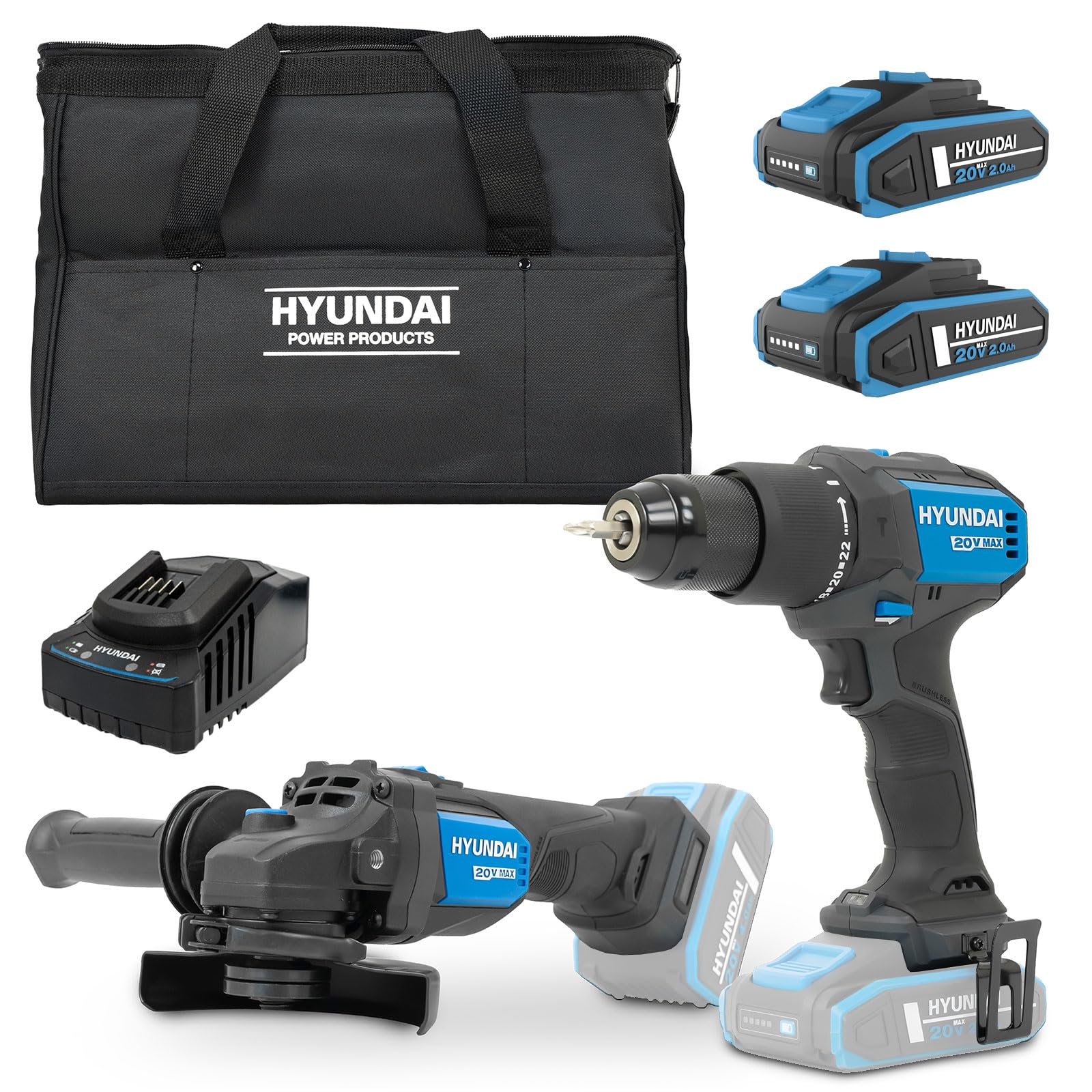 Hyundai 20V Cordless Tool Kit, Brushless Hammer Drill 60Nm, 115mm Angle Grinder, 2.0Ah & 4.0Ah Batteries, Charger