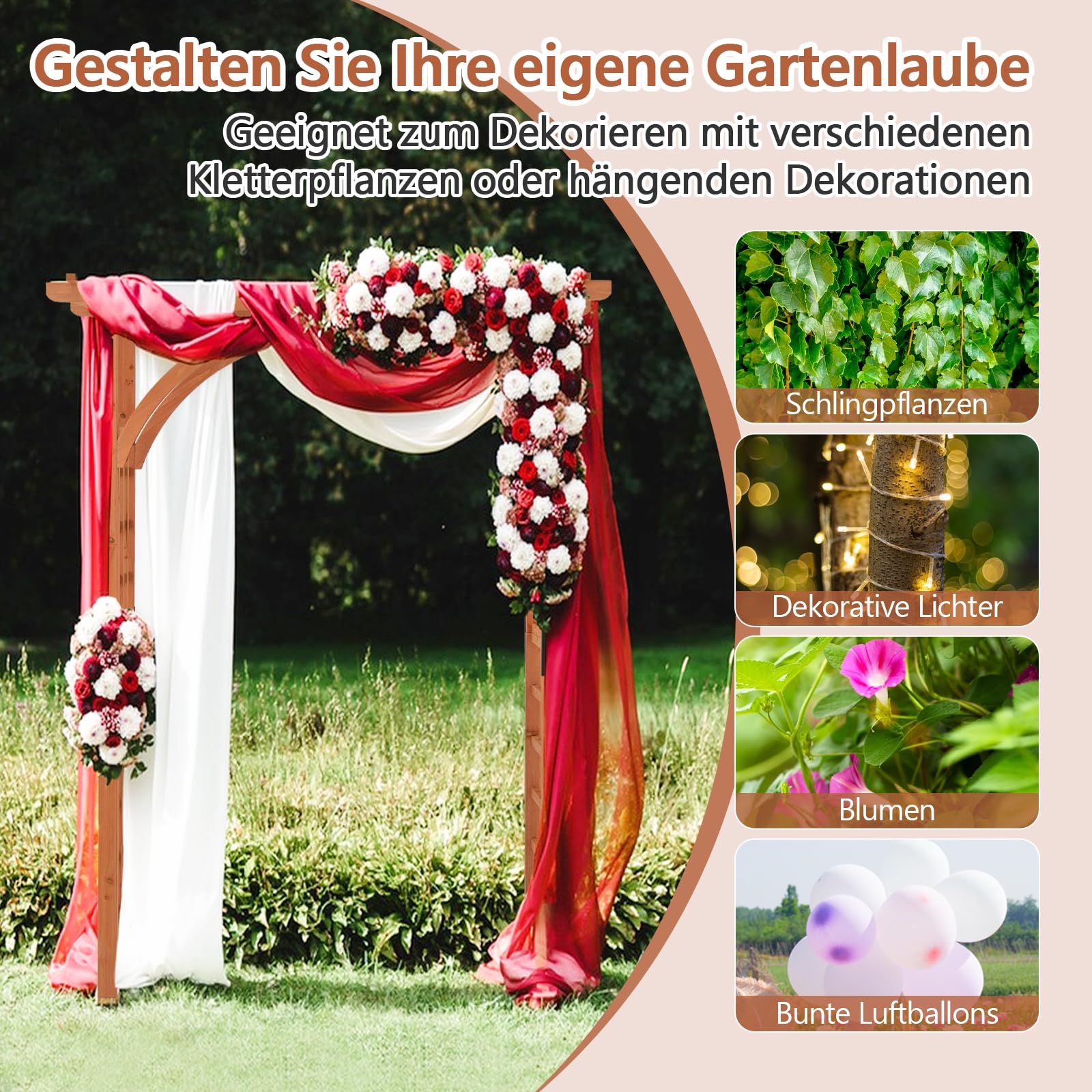 RELAX4LIFE Rosenbogen Holz, Gartenbogen für Kletterpflanzen & Rosen, Torbogen mit Dach, Rankhilfe Rankgitter Rankbogen aus Tannenholz, Rosengitter für Garten & Hochzeit, 160 x 60 x 213 cm, Orange