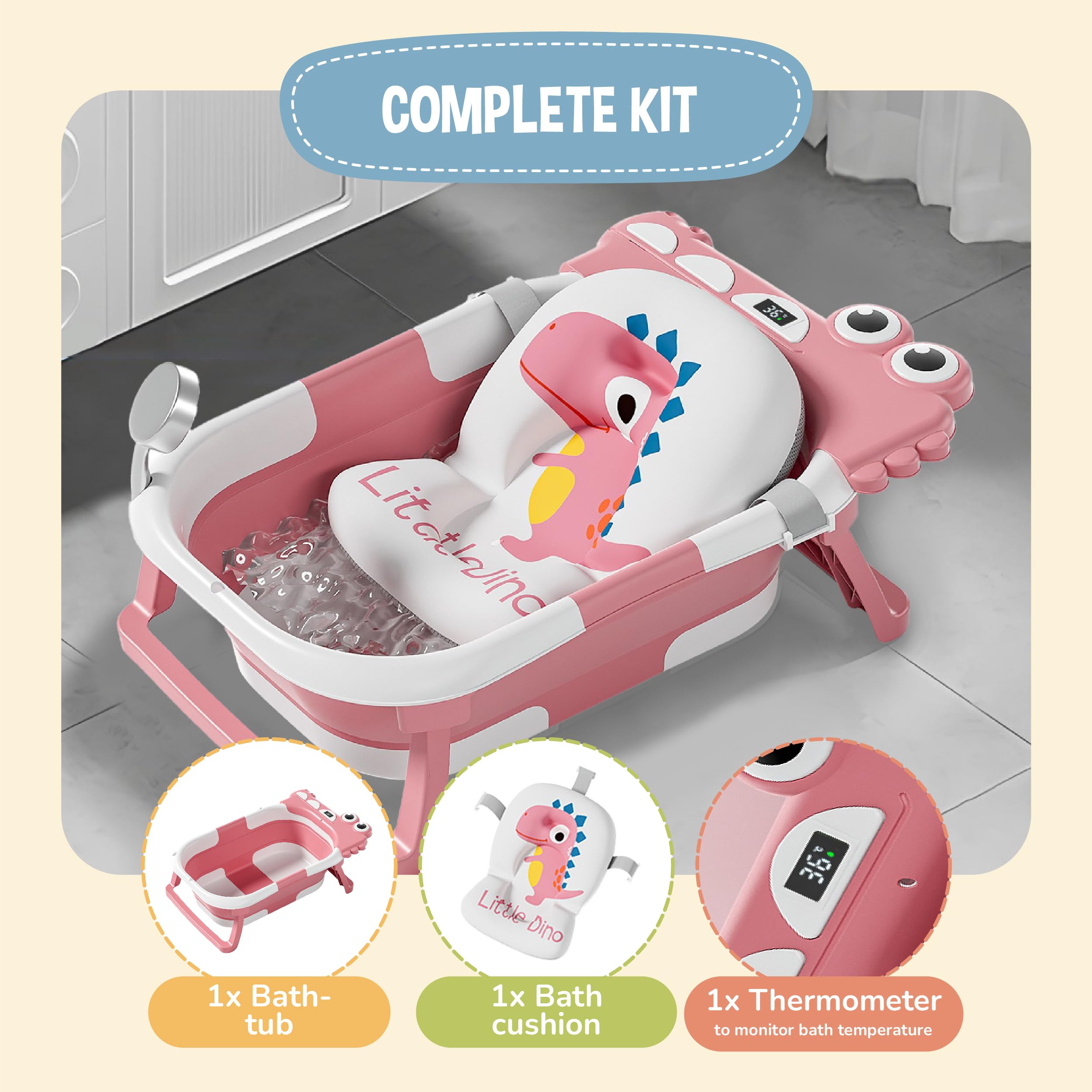 Bañera Plegable Bebé Con Cojín De Baño Antideslizante - Bañera Bebe Plegable Con Termómetro - Asiento bañera Bebe - Desde El Nacimiento Hasta Los 3 Años - Regalos De Nacimiento (ROSA, DINO)