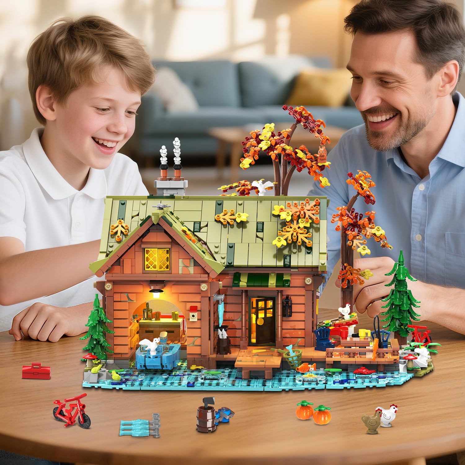 INSOON Juego de construcción de cabina de madera con luz LED, juguete de bloque de construcción de casa de bosque de madera con barco, bicicleta, estanque, animales, modelo de construcción de casa
