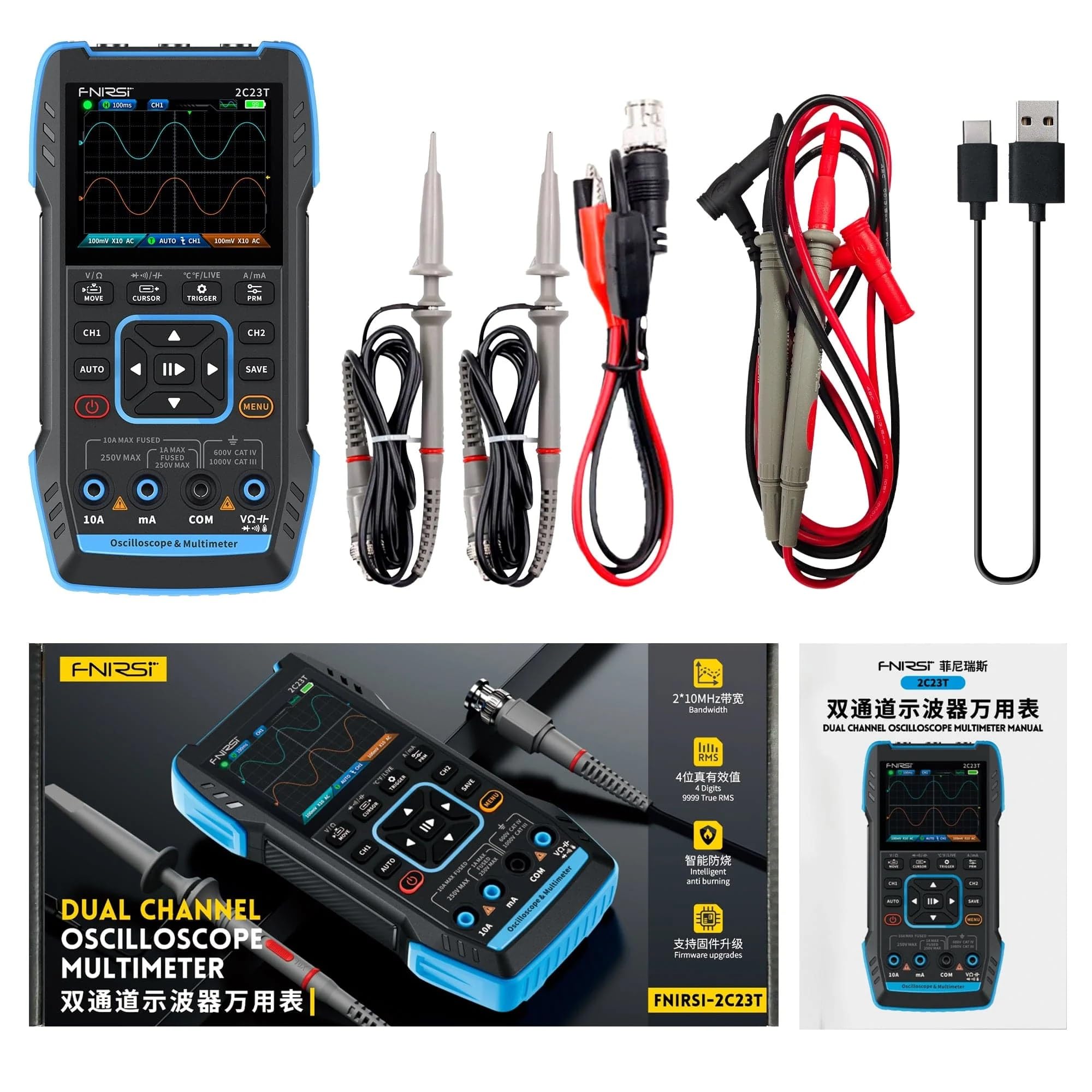 Yellow Tommy Handheld Dual Channel 3-in-1 10MHz 50MS/s Oscilloscope + Digital Multimeter + DDS Function Generator | 2C23T | - Image 3 thumbnail