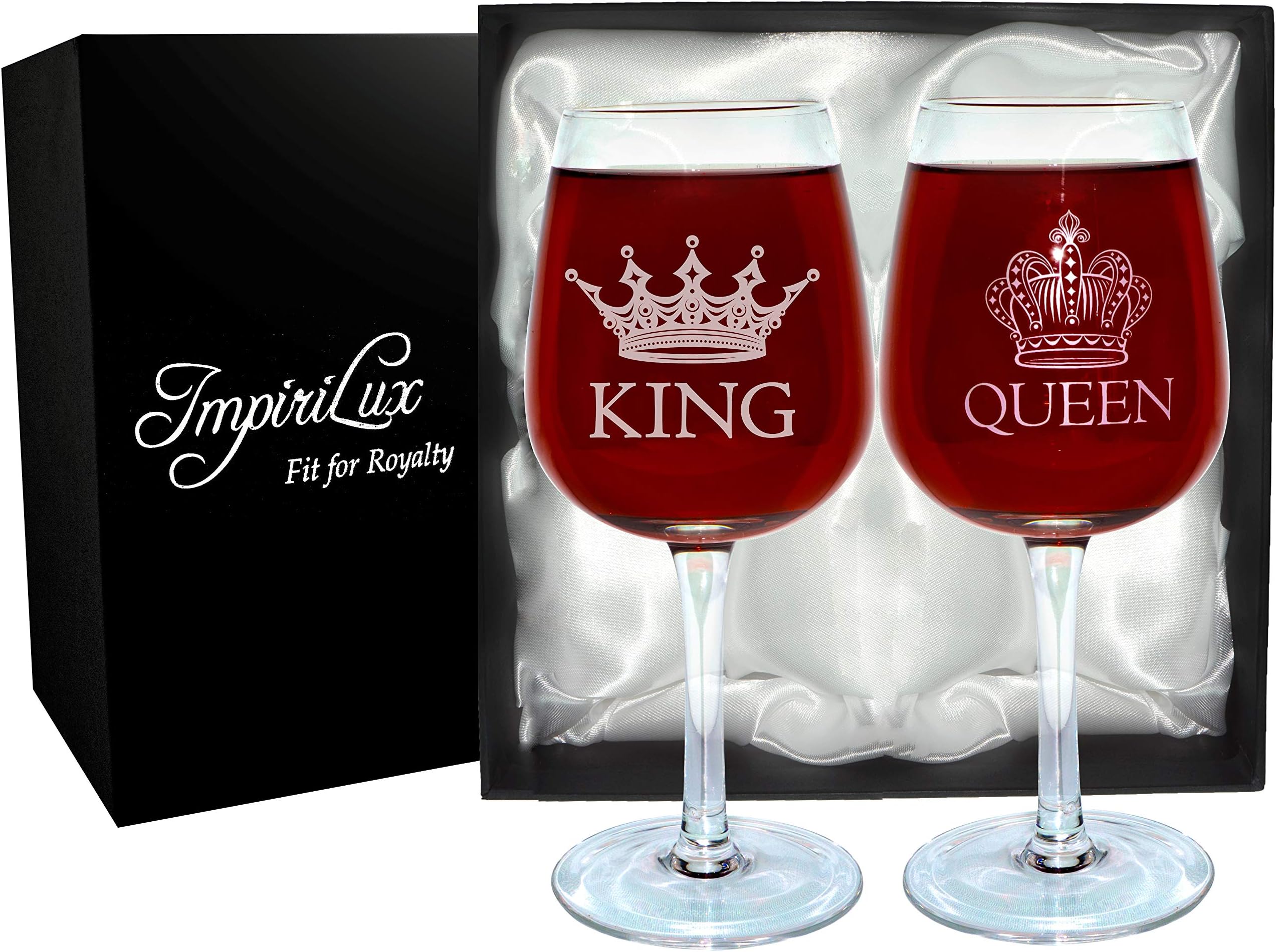 ImpiriLux King and Queen Wine Glass Set | Beautiful Gift for Newlyweds, Engagements, Anniversaries, Weddings, Parents, Couples, Christmas - Novelty Drinking Glassware