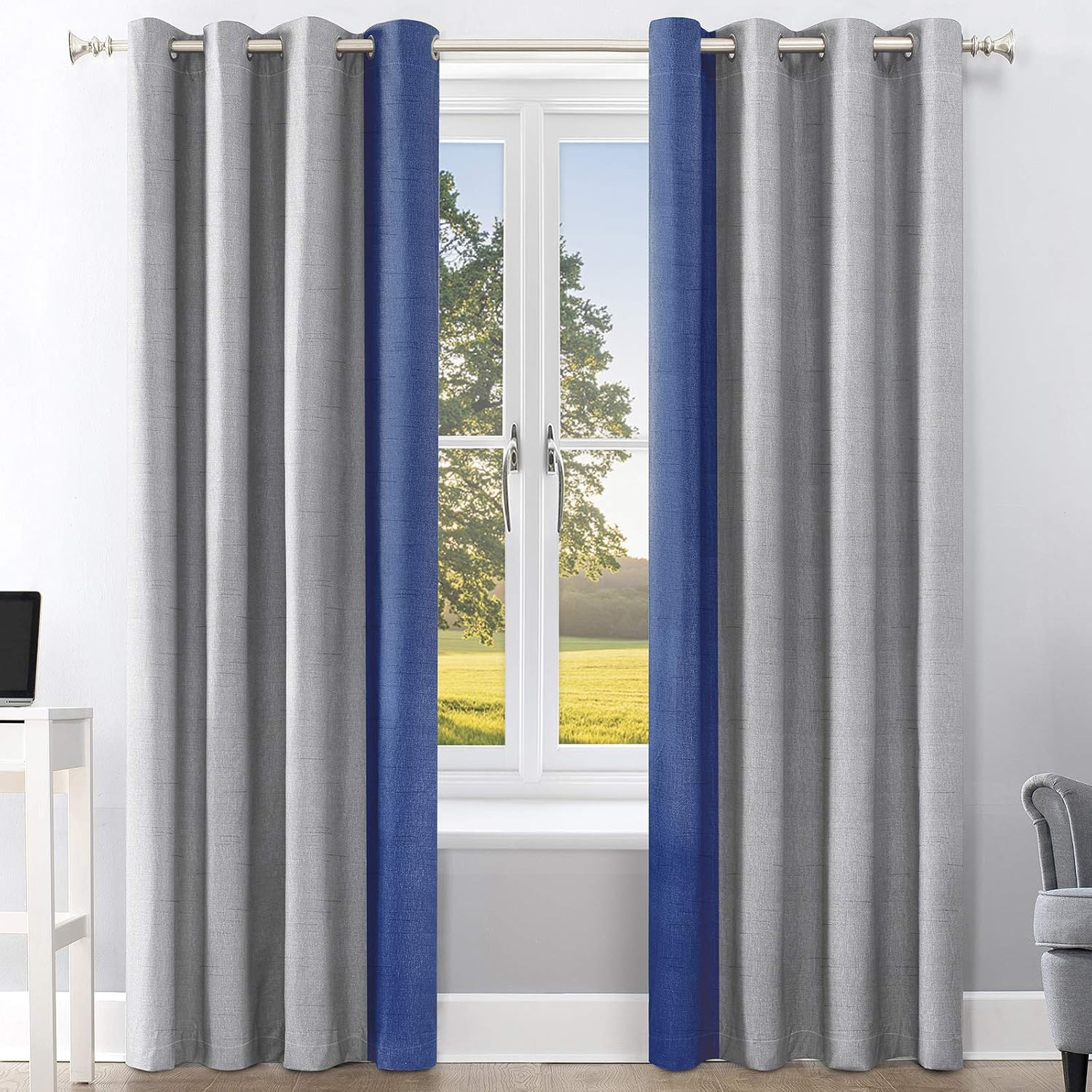 Linen Curtains 96 Inches Long For Bedroom, Color Block Grommet Black Out Curtains For Light Blocking, Insulated Thermal Room Darkening Living Room Curtains, Noise Reducing Drapes Set of 2 Panels 52x96