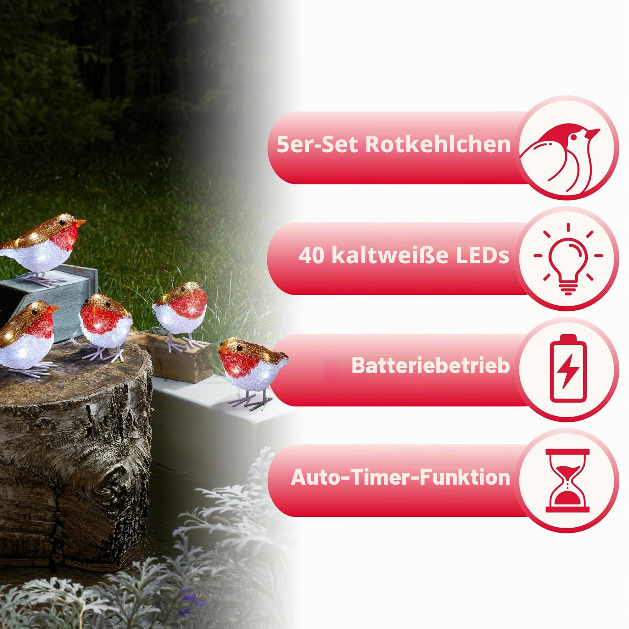 Marco Paul LED-Lichterkette mit Rotkehlchen-Motiv, batteriebetrieben, mit Auto-Timer, für Innen- und Außenbereich, festliche Weihnachtsvogel-Ornamente, saisonale Heimdekoration, 5 Stück