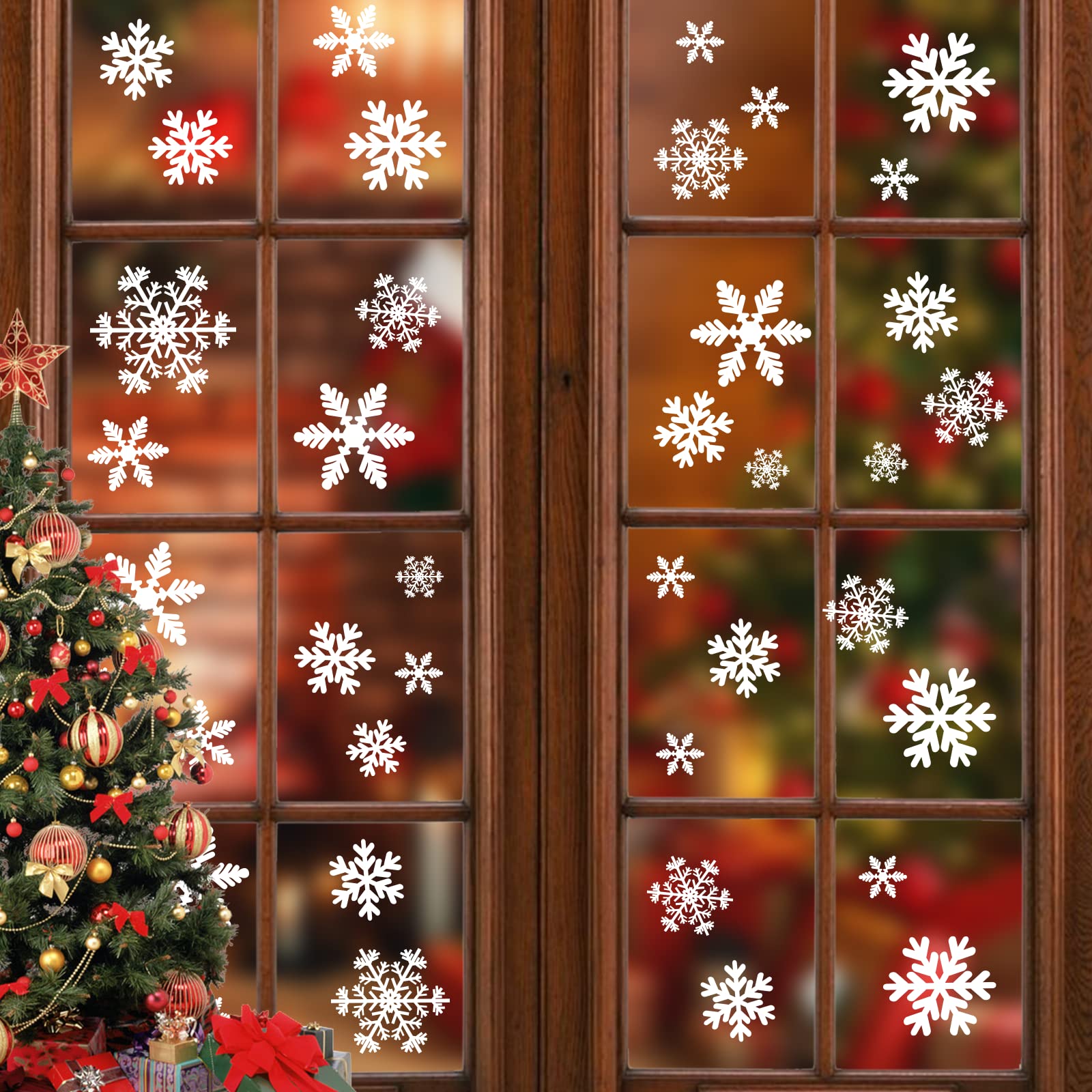 Christmas Snowflake Stickers Xmas Decorations, Reusable Christmas Window Stickers, Snowflakes Window Clings Xmas Winter Decorations for Winter Party Supplies (5 Sheets/135 Pcs)