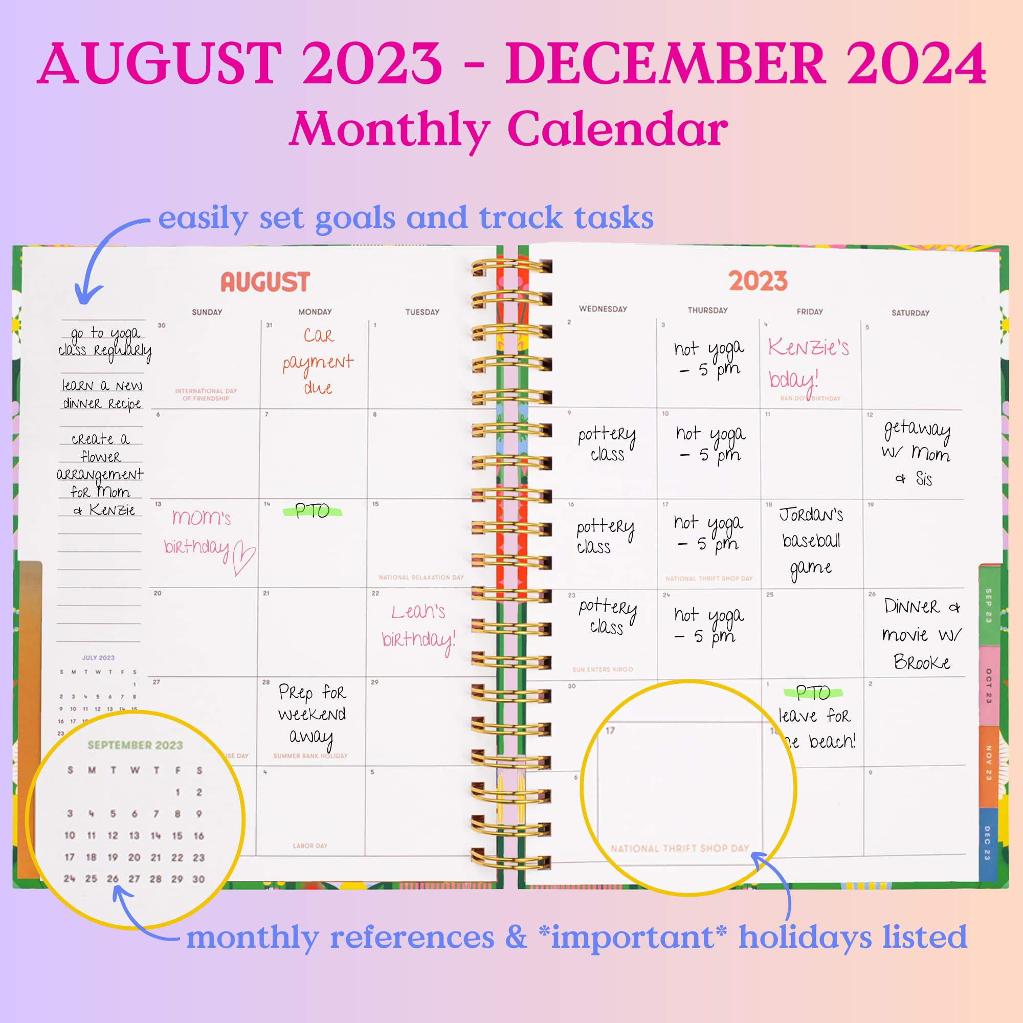 ban.do Agenda giornaliera 2023-2024, diario settimanale medio datato agosto 2023 - dicembre 2024, diario con copertina rigida, agenda a spirale con calendario mensile, adesivi e tasche, per fare magia