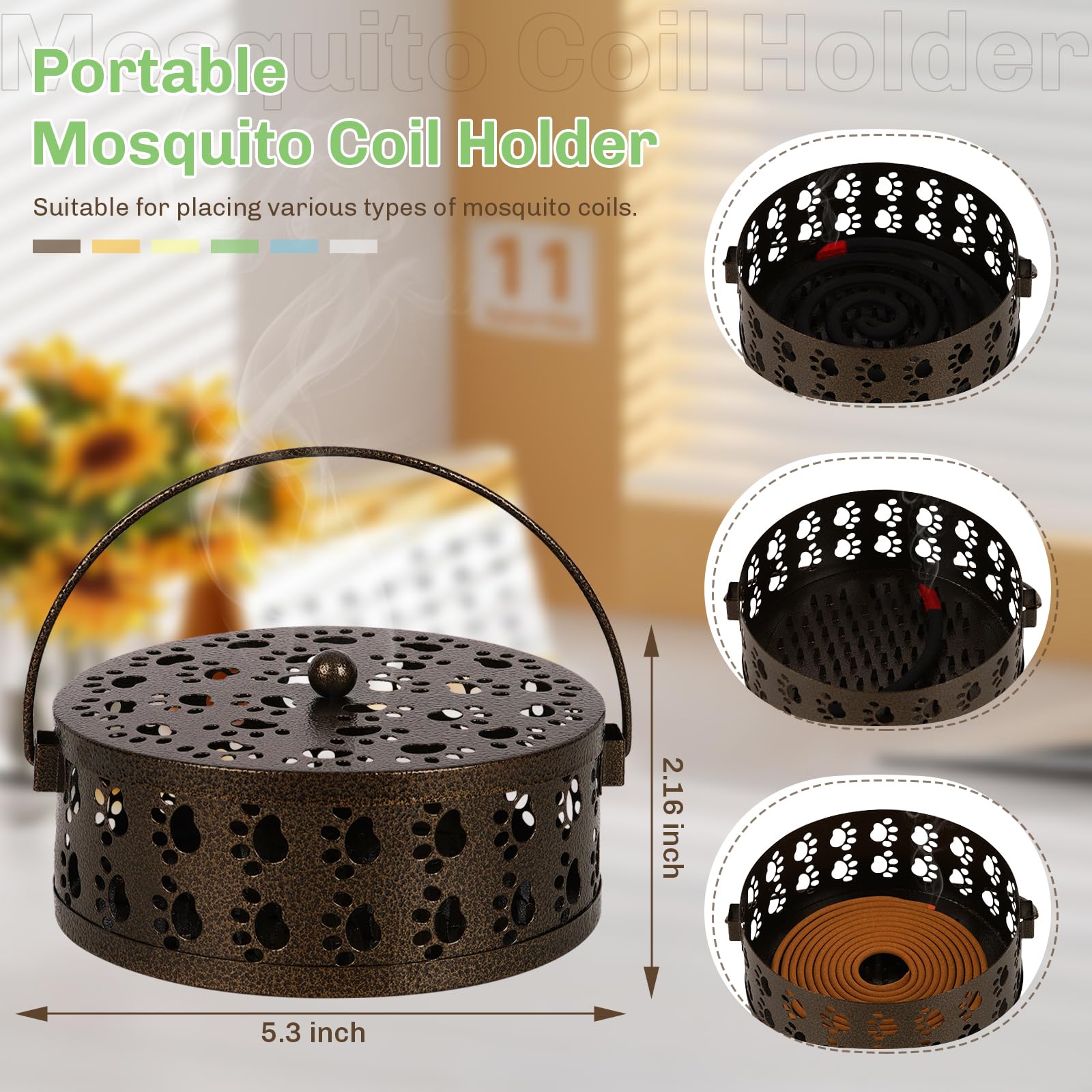 Whiidoom Portable Mosquito Coil Holder, Iron Mosquito Incense Holder with Handle for Home, Office, Camping with Cat Paw Cutout Design (Bronze)
