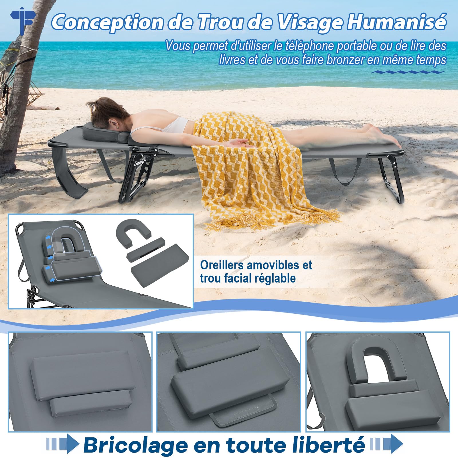 GOPLUS Chaise Longue Pliante Inclinable à 4 Positions Réglables, Transat Jardin Extérieur avec Oreiller Détachable, Lit de Camping, pour Terrasse/Plage 189X59X40CM (1, Gris, 73x63x16CM)