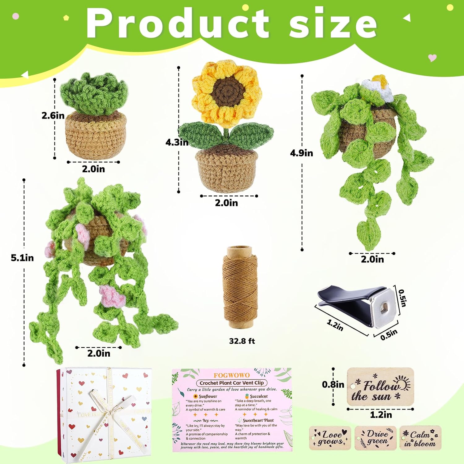 4 Pcs Crochet Plant Vent Clips for Car,Handmade Mini Plant Car Air Fresheners with Inspirational Cards,Succulent Sunflower Potted Plants Car Vent Clips Xmas Crochet Gift for Plants Lover with Gift Box