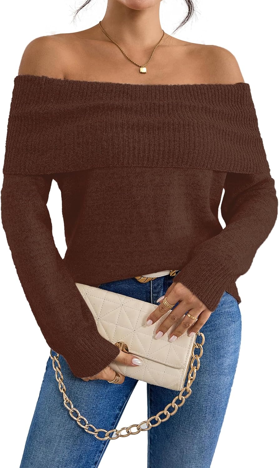 SunnyMelody Womens Off The Shoulder Sexy Sweater Fall 2025 Trendy Ladies Dressy Chunky Ribbed Knit Slim Fit Pullover Tops