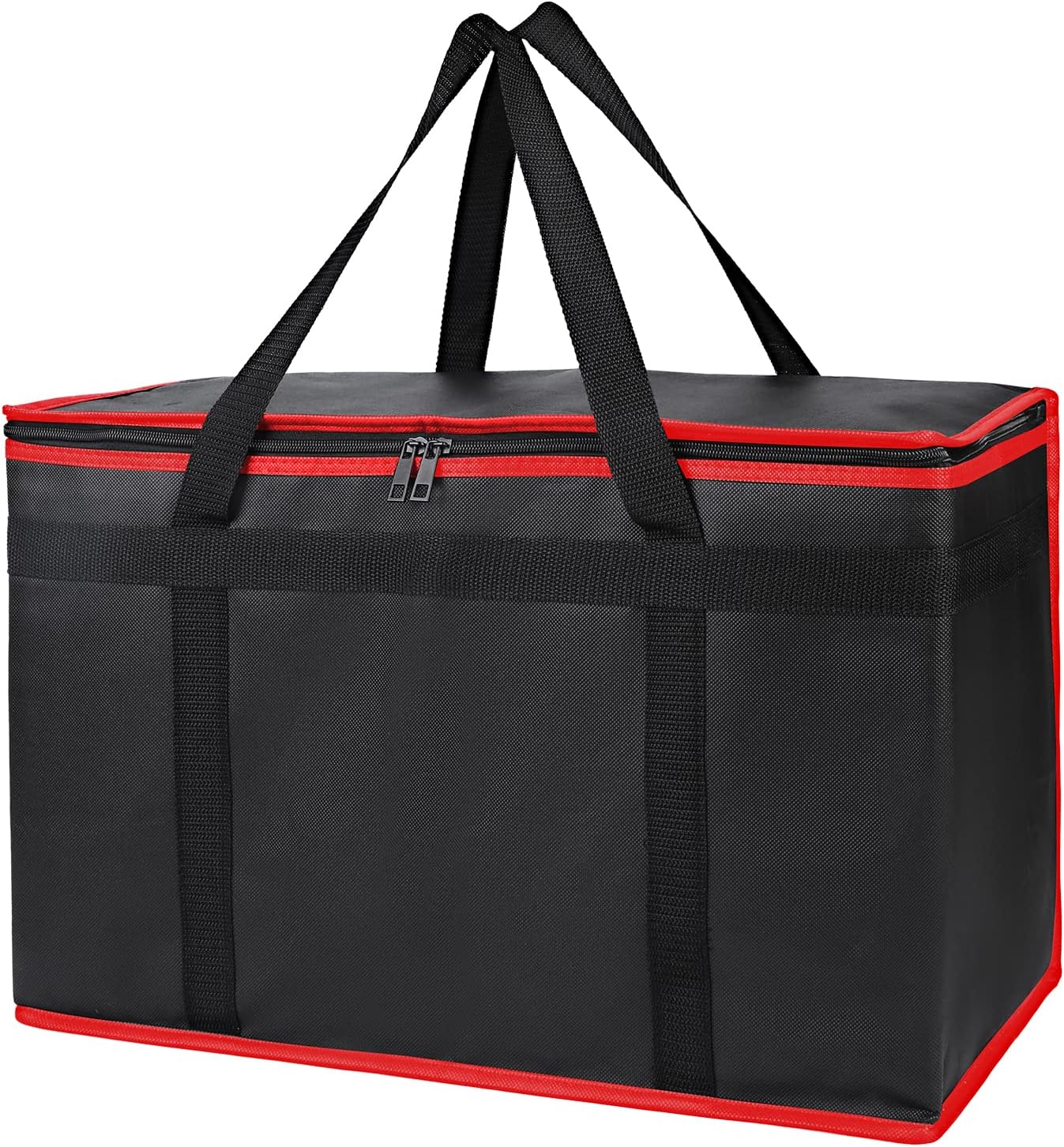 Bodaon Insulated Food Delivery Bag, XX-Large Reusable Grocery Shopping Bags, Picnic Cooler Bag Zipper/Zippered Top Cold, Black with Red Edge, 1-Pack