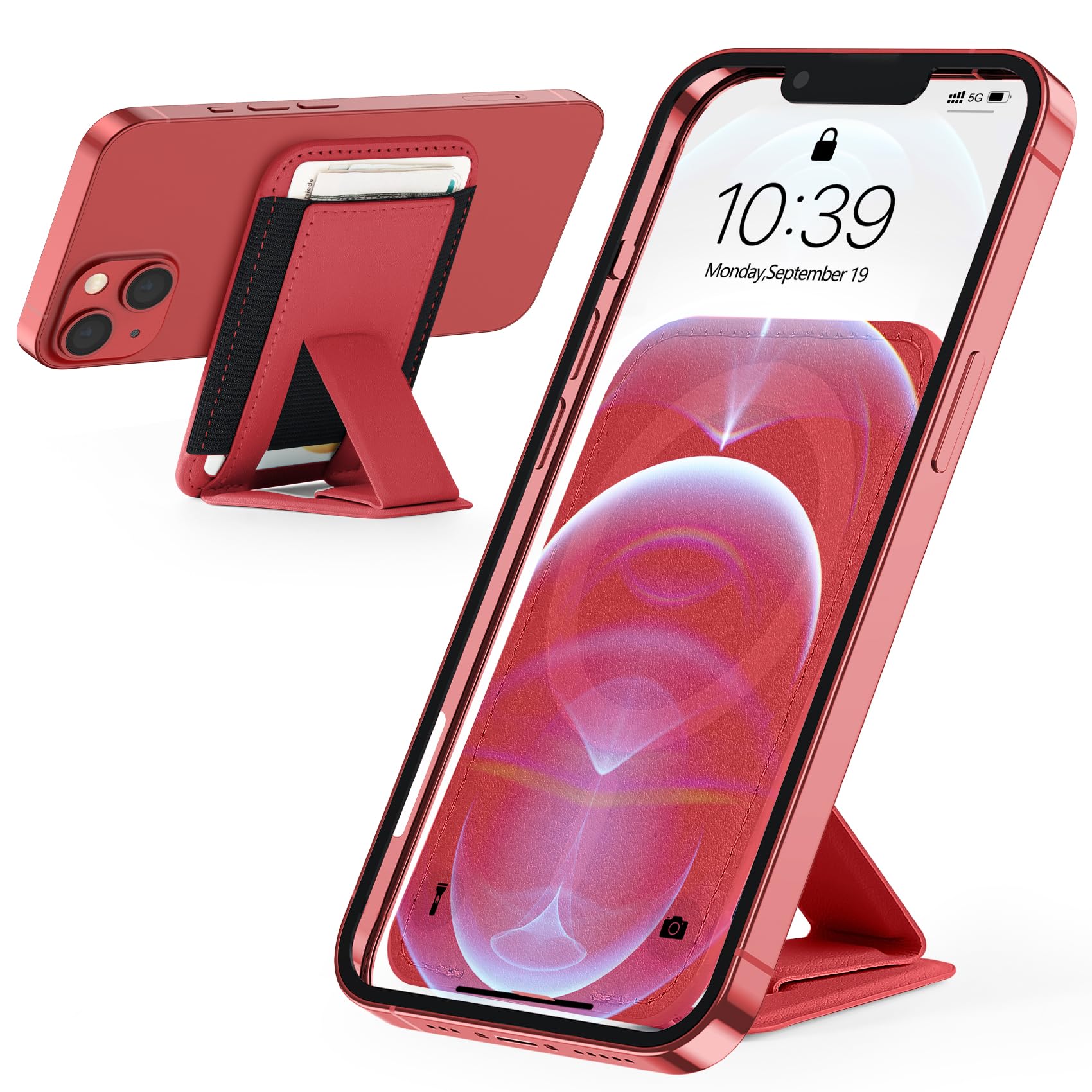 Miroddifor Magsafe Wallet Stand, Magnetic Card Wallet Holder with Stand, Vegan Leather Card Holder for Back of iPhone 15/14/13/12 Series, Cell Phone Stand, 3 Cards & Extra Bills, Not for 12/13 mini