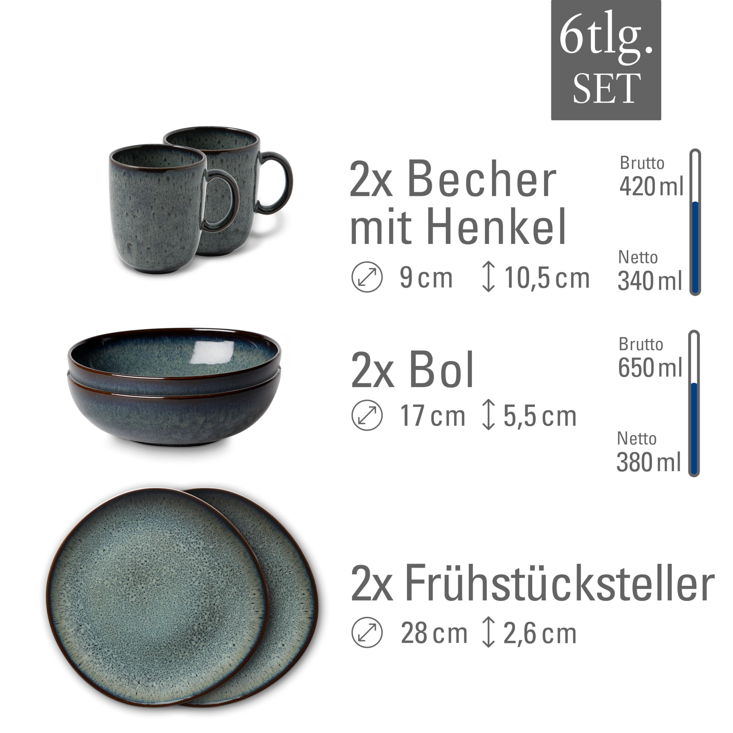 like. by Villeroy & Boch - Lave Gris Geschirr Set Aus Steingut, 6Tlg., Pottery Look, Frühstückservice Für 2 Personen, Grau