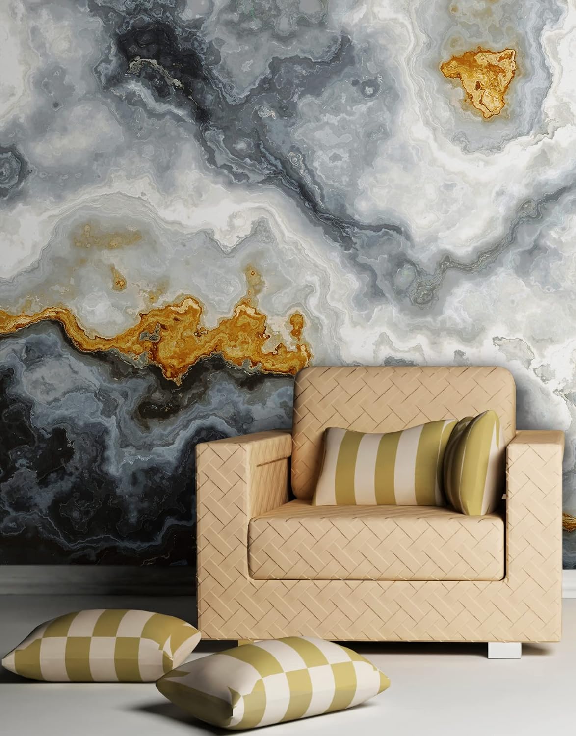 Gray and Gold Marble Stone Quartz Agate Peel and Stick Wallpaper Gold Splash Design | Removable Wall Mural. #6190. (9ft H X 12ft W)