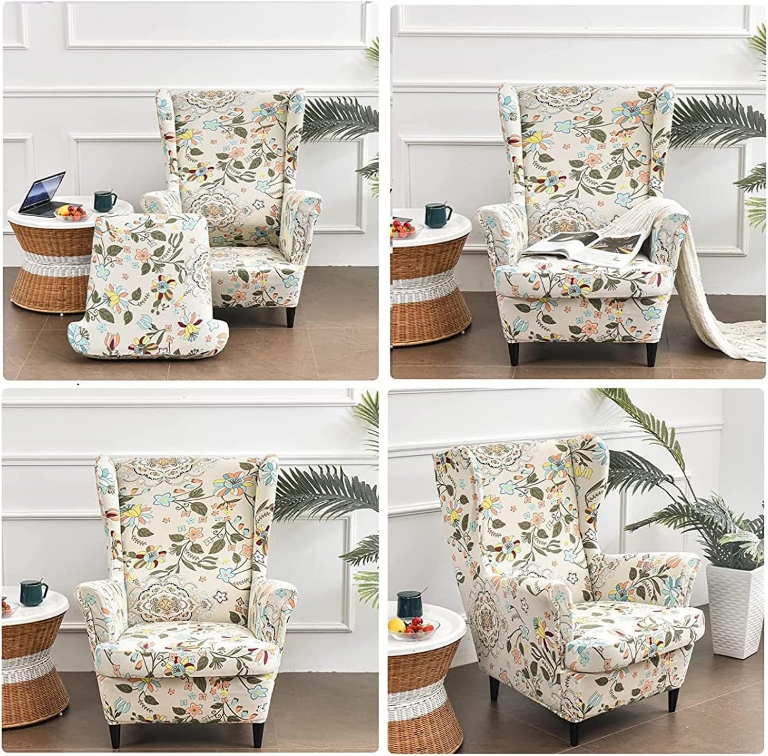 Wing Chair Cover Set, Include 2 Piece Stretch Wingback Chair Slipcover and Ottoman Cover, Removable Machine Washable Armchair Chair Cover for Living Room (#5)