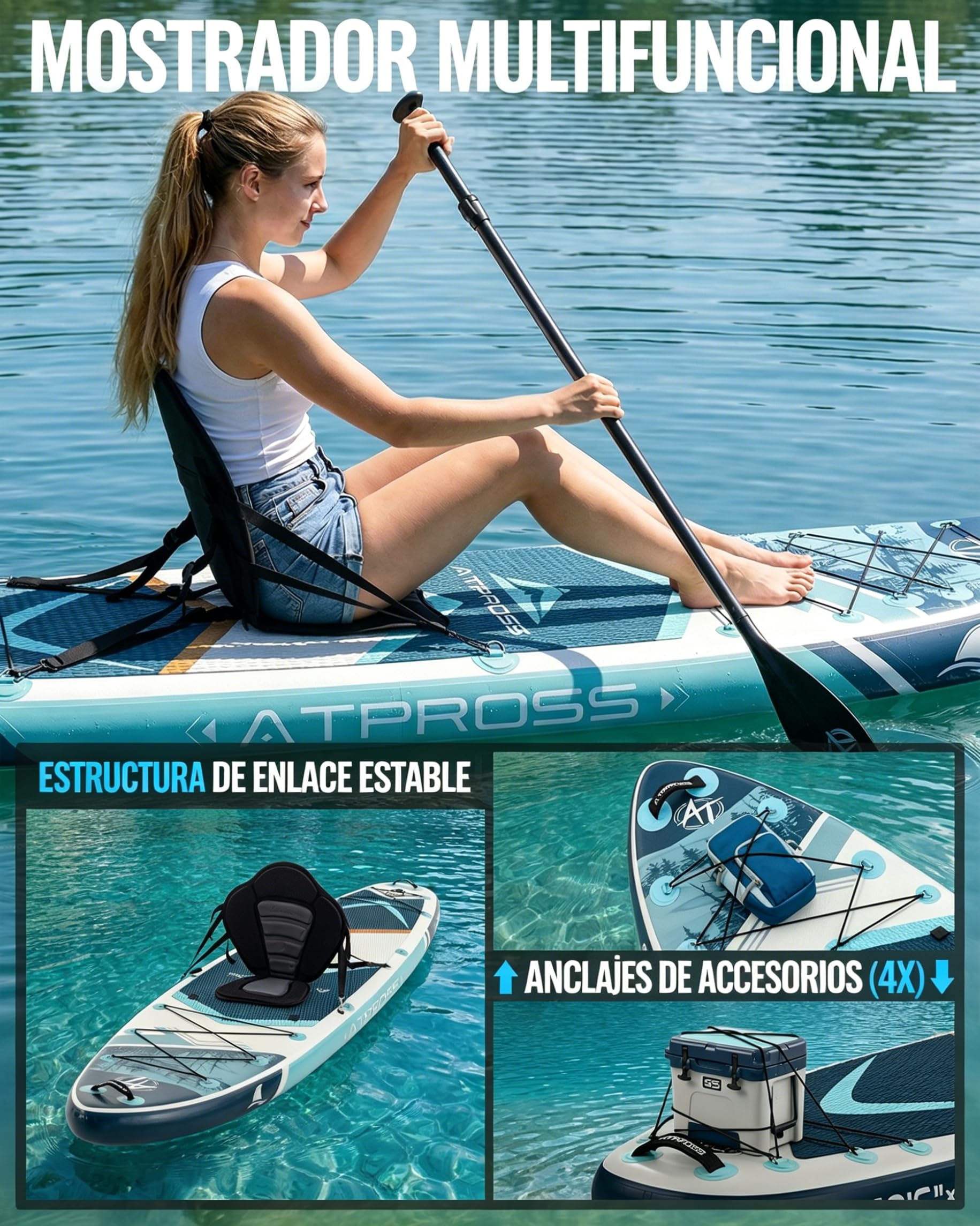 Tabla de Paddle Surf Hinchable con Asiento de Kayak y Accesorios, 320x84cm Sup Extra Ancha para 2 Personas, Carga 200kg, Kayak Hinchable Estable y Antideslizante para Adultos y Surf
