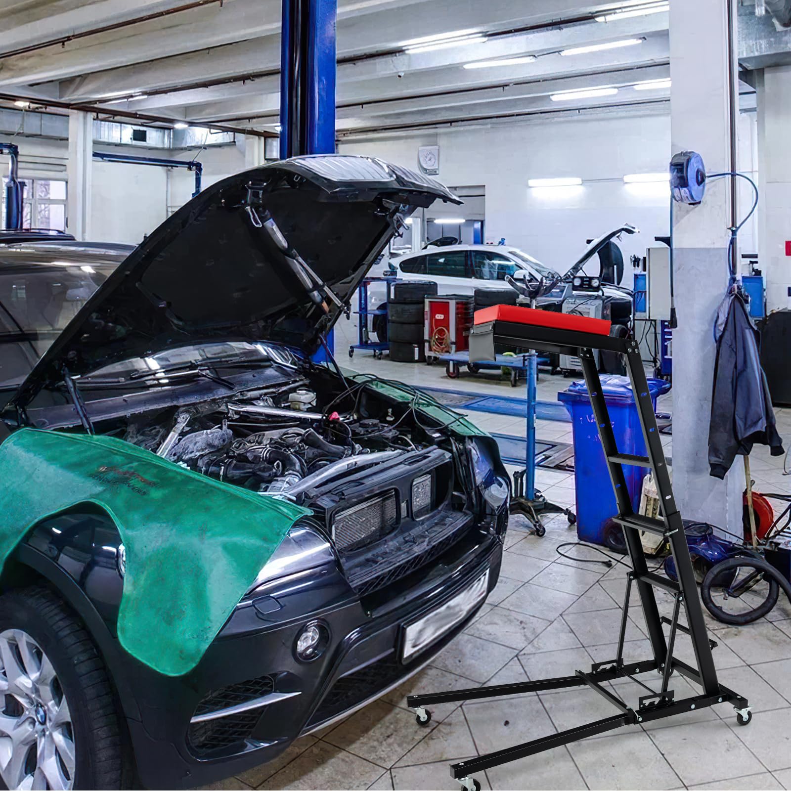 COSTWAY Creeper Pieghevole per Motore, Creeper per Motore Auto con Altezza Regolabile e Angolazione, 4 Ruote, Piattaforma Imbottita, Capacità Carico 180kg, per Garage e Officina di Riparazione