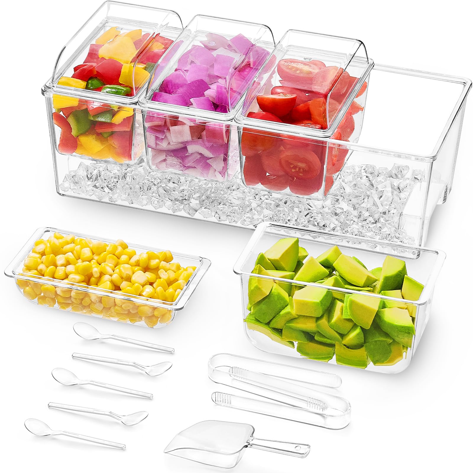 Lifewit Taco Bar Serving Set for Party with 4 x 20 oz Containers &amp; Components, Ice Chilled Condiment Caddy Organizer, Garnish Serving Tray Platter for Mimosa Bar Accessories, Fruit, Salad, Food