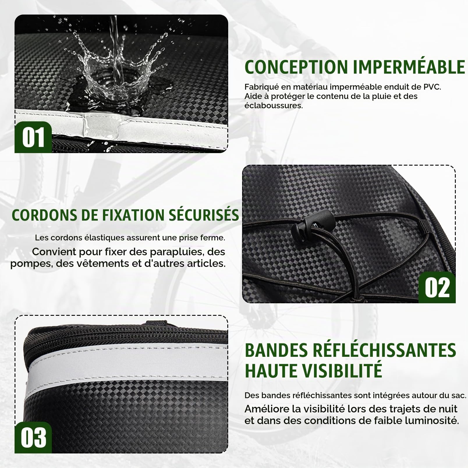 Porte-bagages avant de vélo en acier, porte-bagages universel pour roue avant | Pour cadre de vélo, construction en métal solide pour le transport, avec sac à bagages étanche de 5 l et réflecteurs