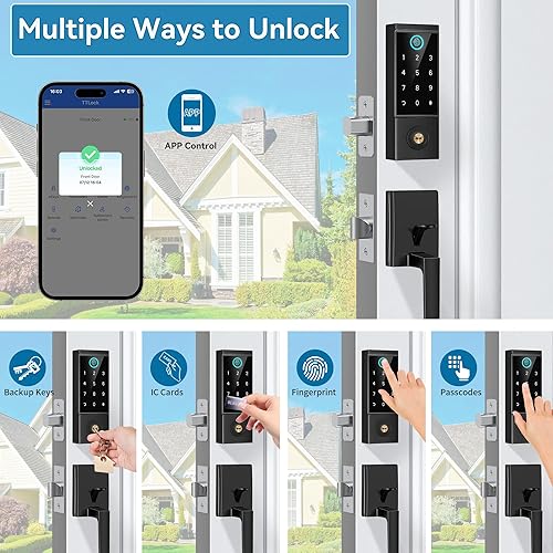 Miniatura 3 de BEBASIA Cerradura de puerta inteligente con juego de manijas de puerta delantera, manija de huellas dactilares resistente, cerrojo inteligente de