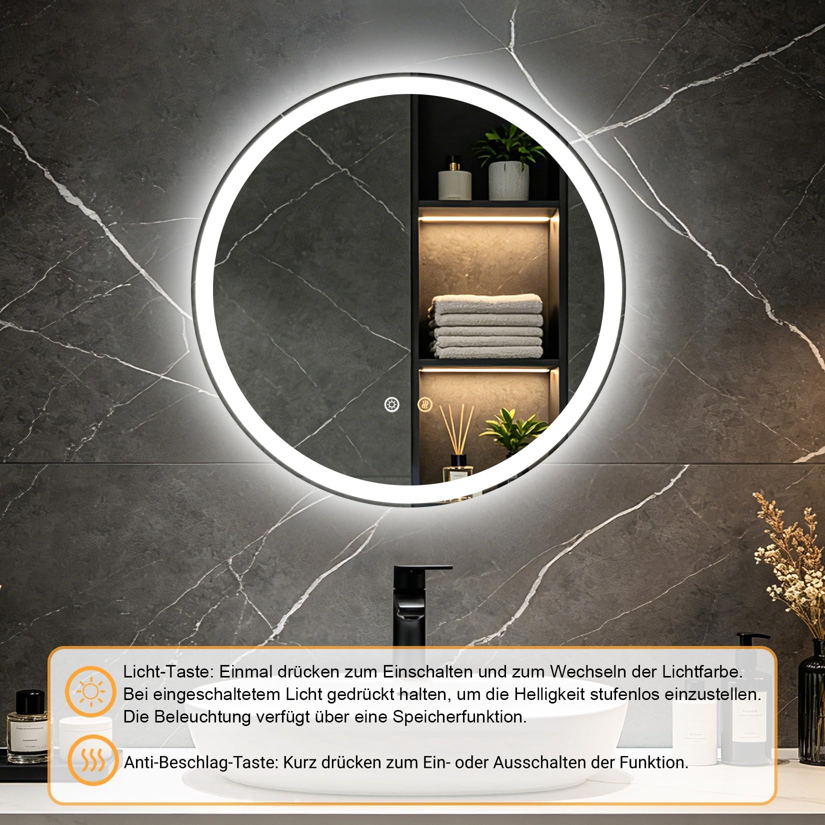Olyvren 50 cm runder Badezimmerspiegel mit LED-Beleuchtung, Wandmontage – Ansicht 3