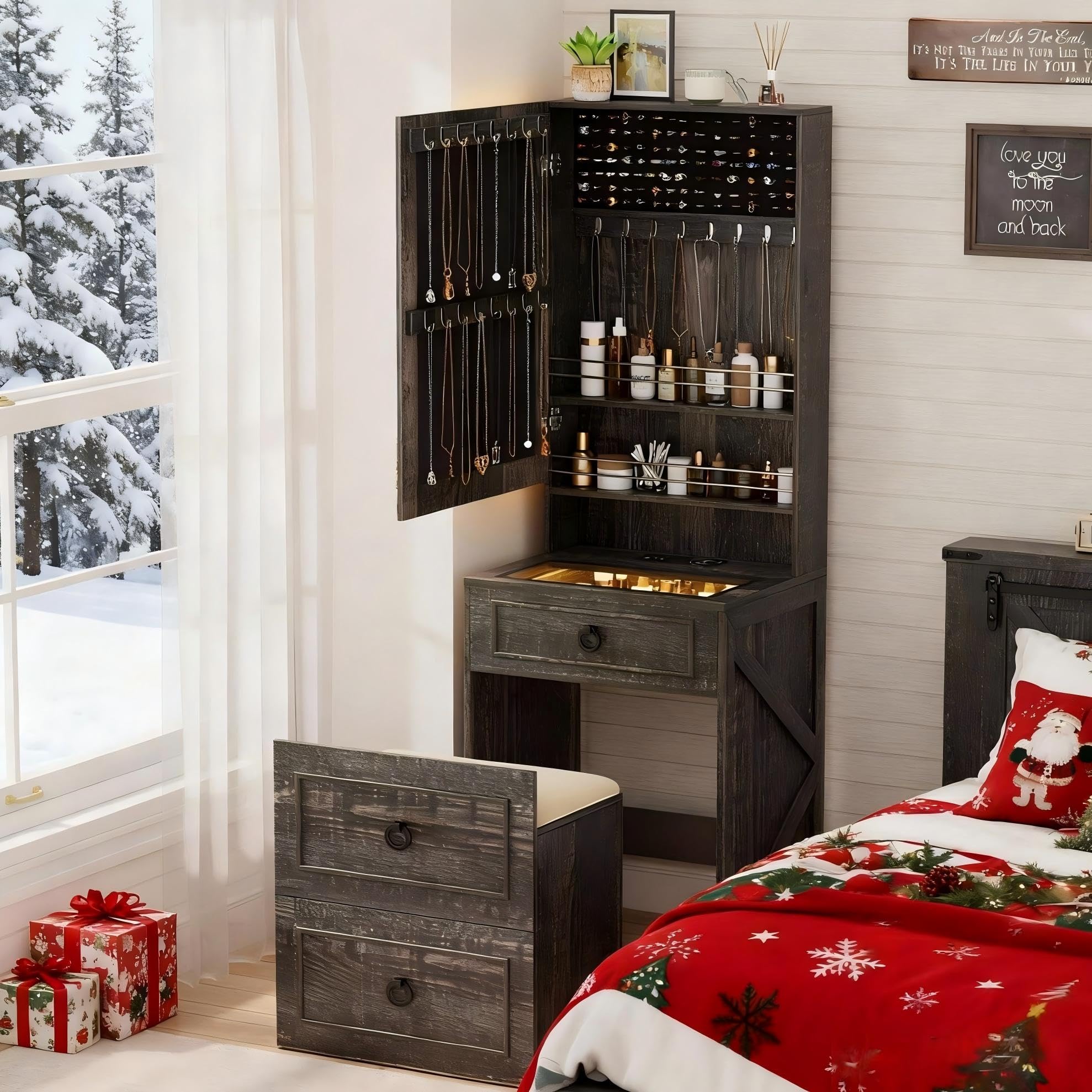 Lvifur Small Vanity Desk with Mirror and Lights, Modern Glass Top Dressing Table with Wheels & Charging Station, Compact Makeup Vanity Set with Jewelry Space & Hidden Storage Stool (Rustic Brown)