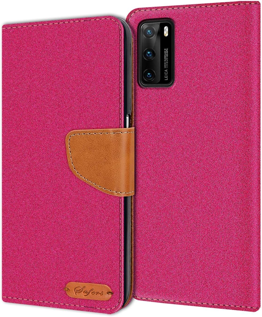 Verco Phone Wallet Case compatible with the Huawei P40, Canvas Faux Leather Book Cover for the P40 Flip Case Bag Hinged - Pink