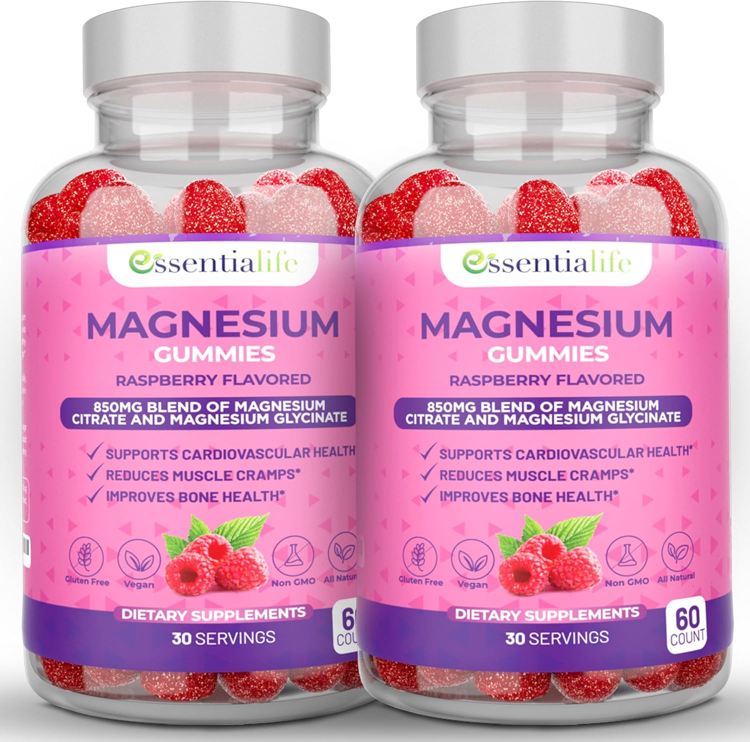 Magnesium Gummies 2 Packs Essentialife 100mg Per Serving - Blend of Magnesium Citrate & Magnesium Glycinate - Supports Healthy Digestion - Stay Calm & Energetic with Magnesium Supplements for Sleep