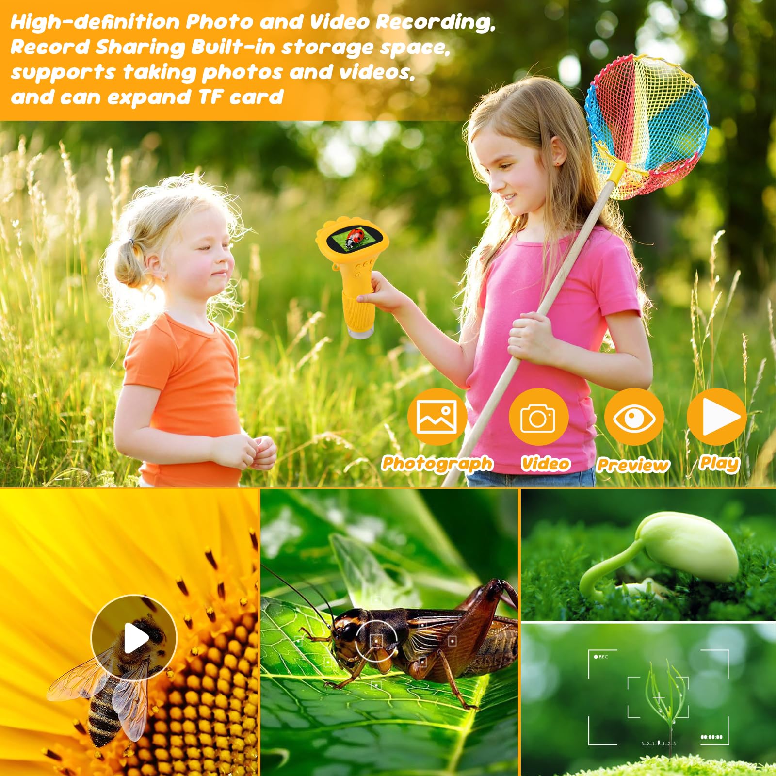 Talifoca Microscopio Portatile per Bambini, 1000x Zoom, Schermo IPS HD da 2 Pollici, LED, USB, Platica, Giallo