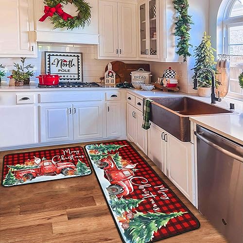 Miniatura 3 de Juego de 2 alfombras y tapetes de cocina de Navidad, decoraciones navideñas para el hogar, tapete de cocina navideño, decoración de Feliz Navidad,