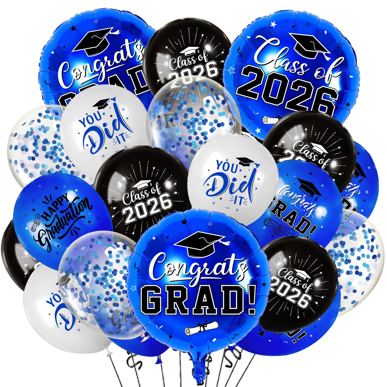 Blue and Black Graduation Balloons Graduation Decorations 2026, 51Pcs Grad Latex Balloons and Grad Foil Balloon with Confetti Ribbons Grad Party Decorations for College High School