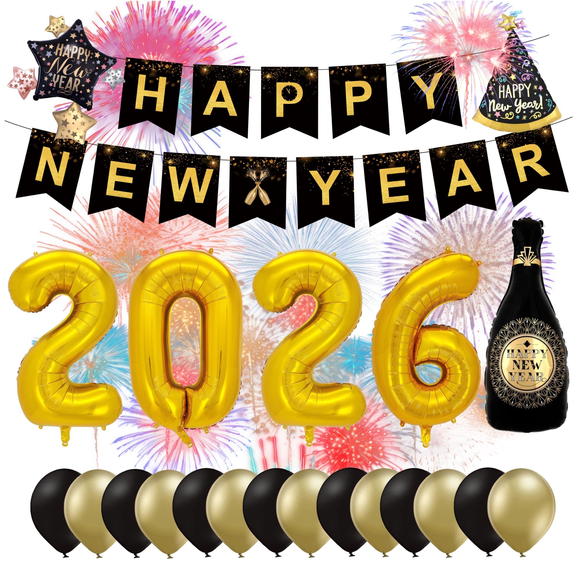 Set di decorazioni XXL per Capodanno 2026 – Happy New Year – Decorazione per Capodanno – con palloncini, stelle filanti, palloncini in lattice, coriandoli ecc. come decorazione per Capodanno (set