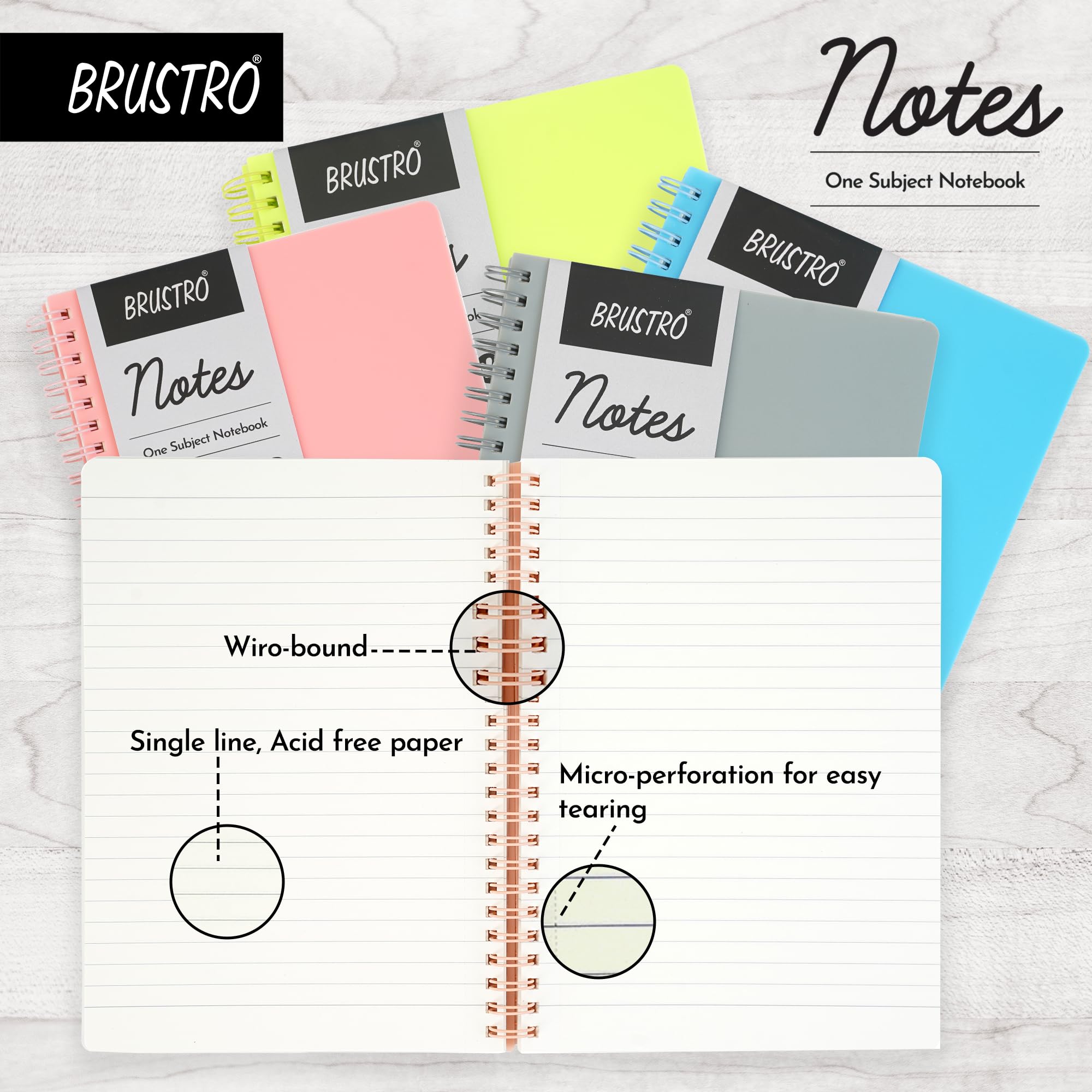 BRUSTRO Notas tamaño A5, cuaderno de 1 materia rayada, 80 hojas/160 páginas, papel marfil de 70 g/m², cubierta aguamarina, diseño encuadernado con alambre, esquinas redondeadas, hojas microperforadas