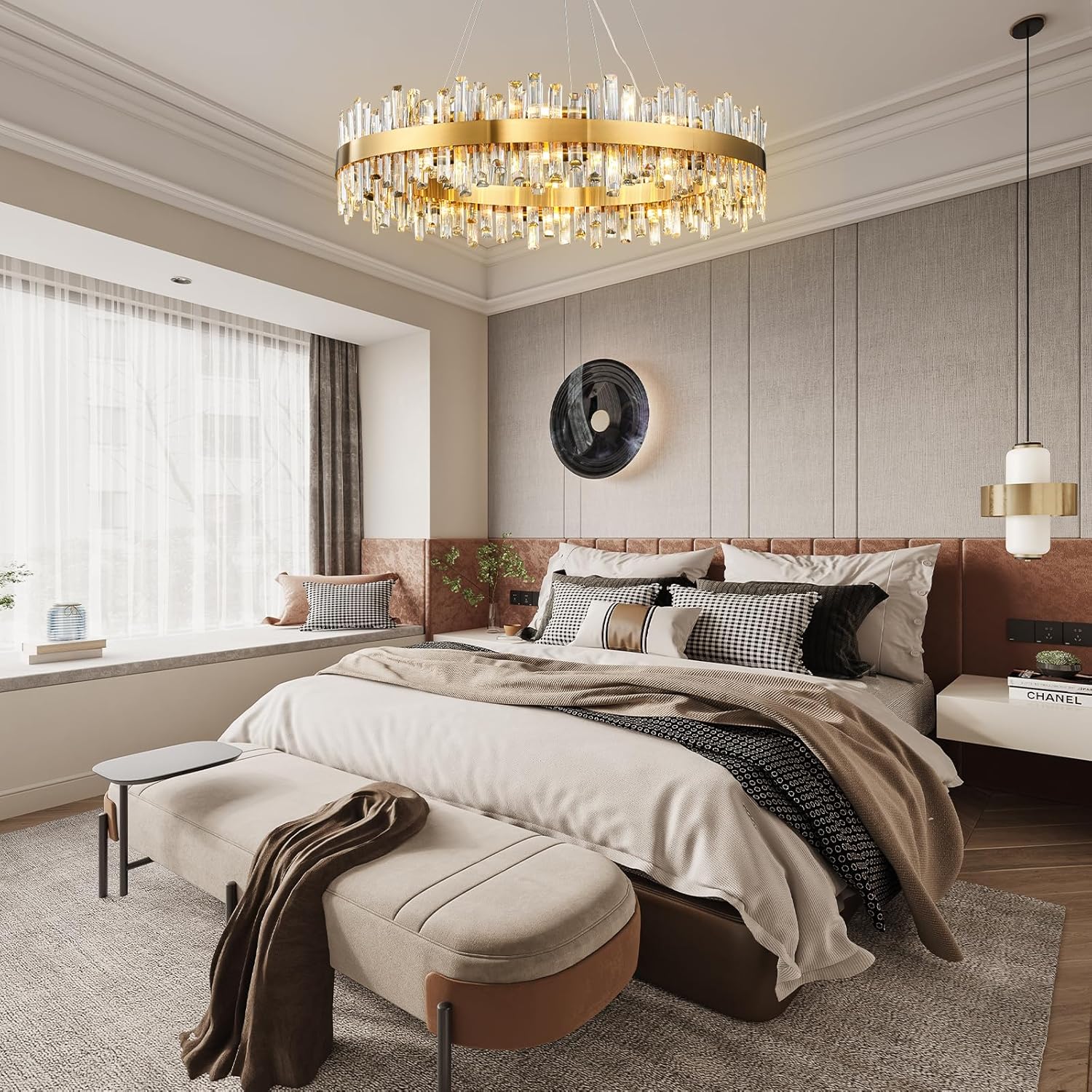 Crystal Chandeliers, Modern 2-Tiers Gold Round Chandelier, Luxury K9 Crystal Hanging Pendant Ceiling Light Fixture for Living Dining Room Kitchen Island Bedroom D39.4''