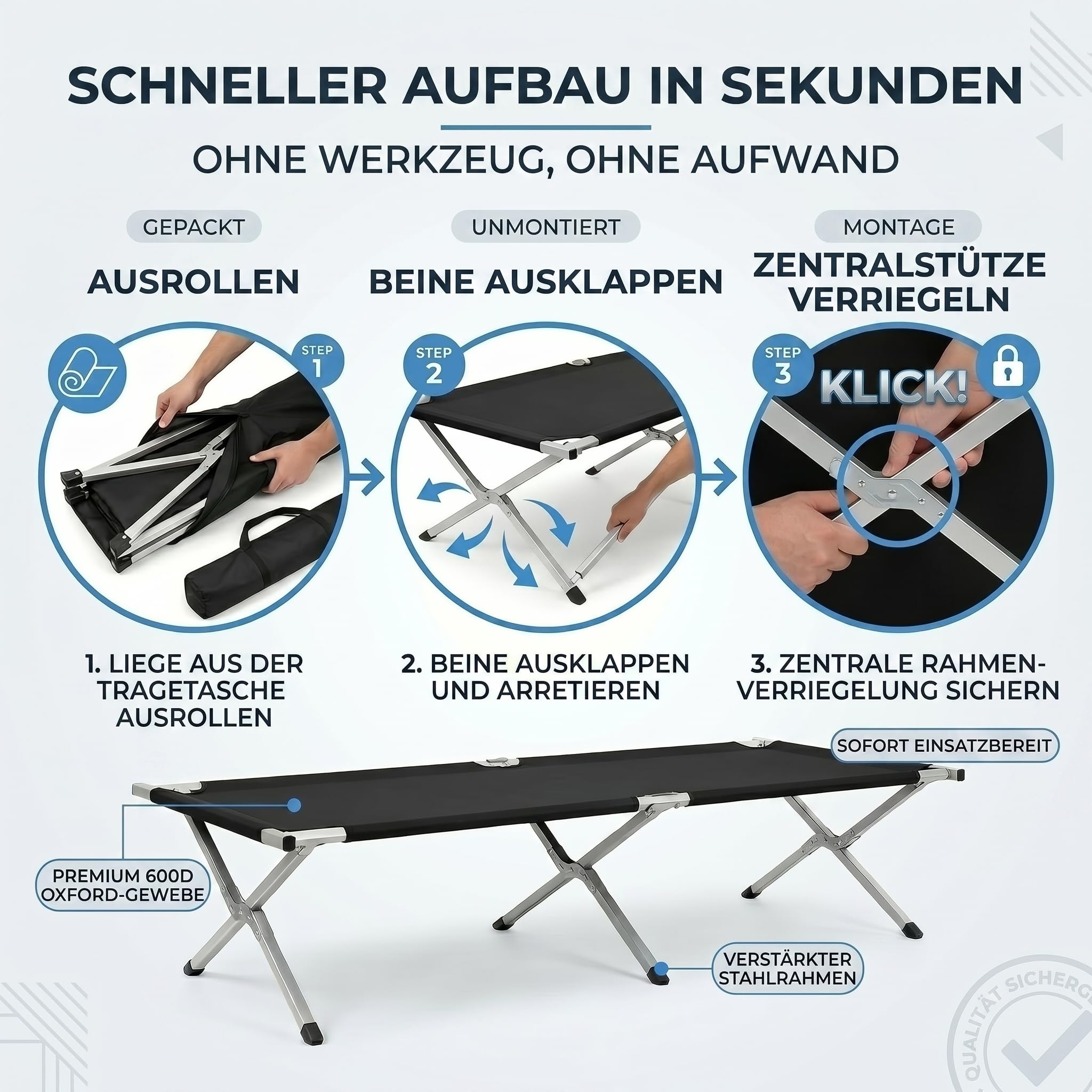 GOODS+GADGETS Faltbares Army Feldbett aus Aluminium - klappbares Campingbett & Gästebett