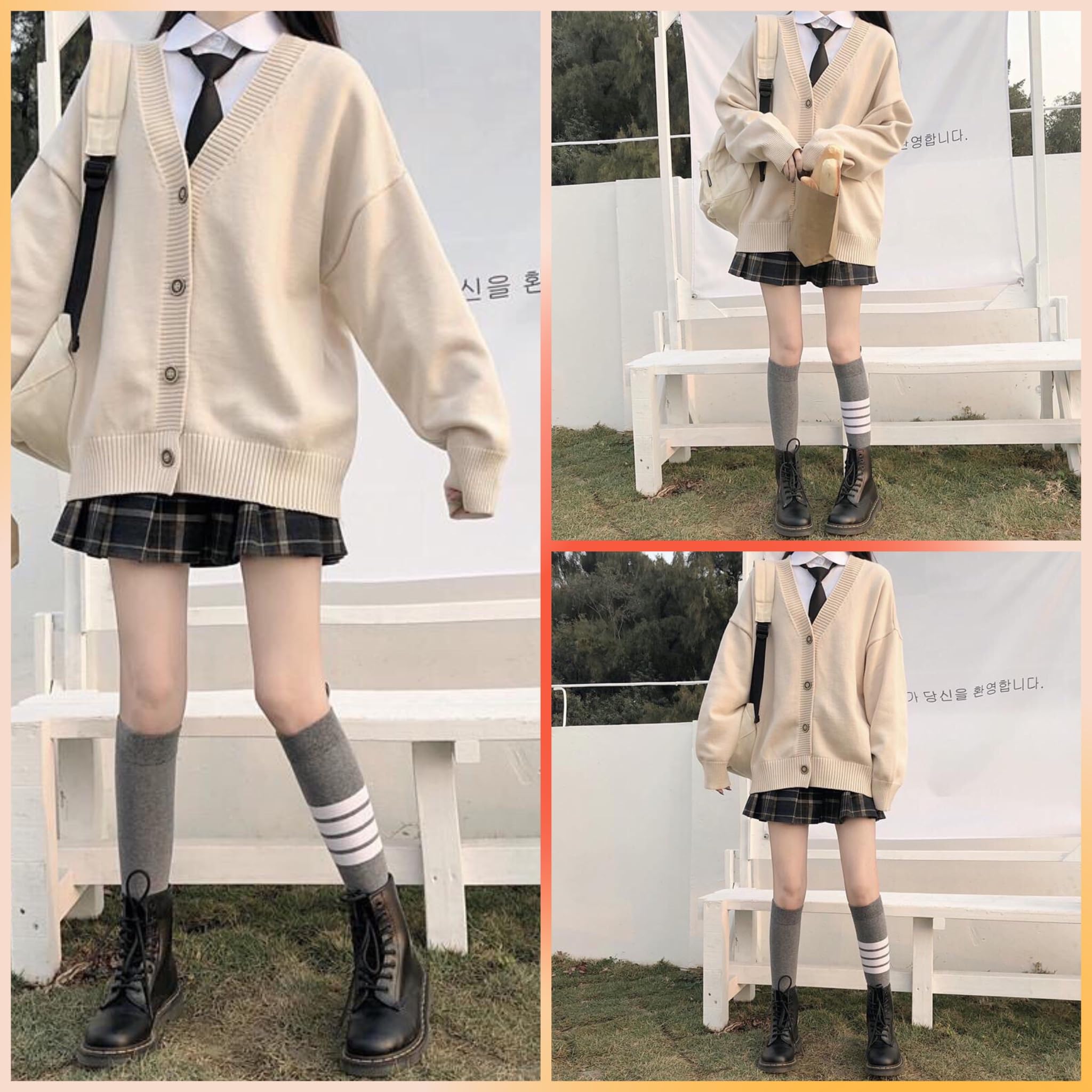 AISYBBWomen's Japanese College Style Loose V-Neck Knitted Cardigan Female  JK Jacket Japanese School Uniform Beige